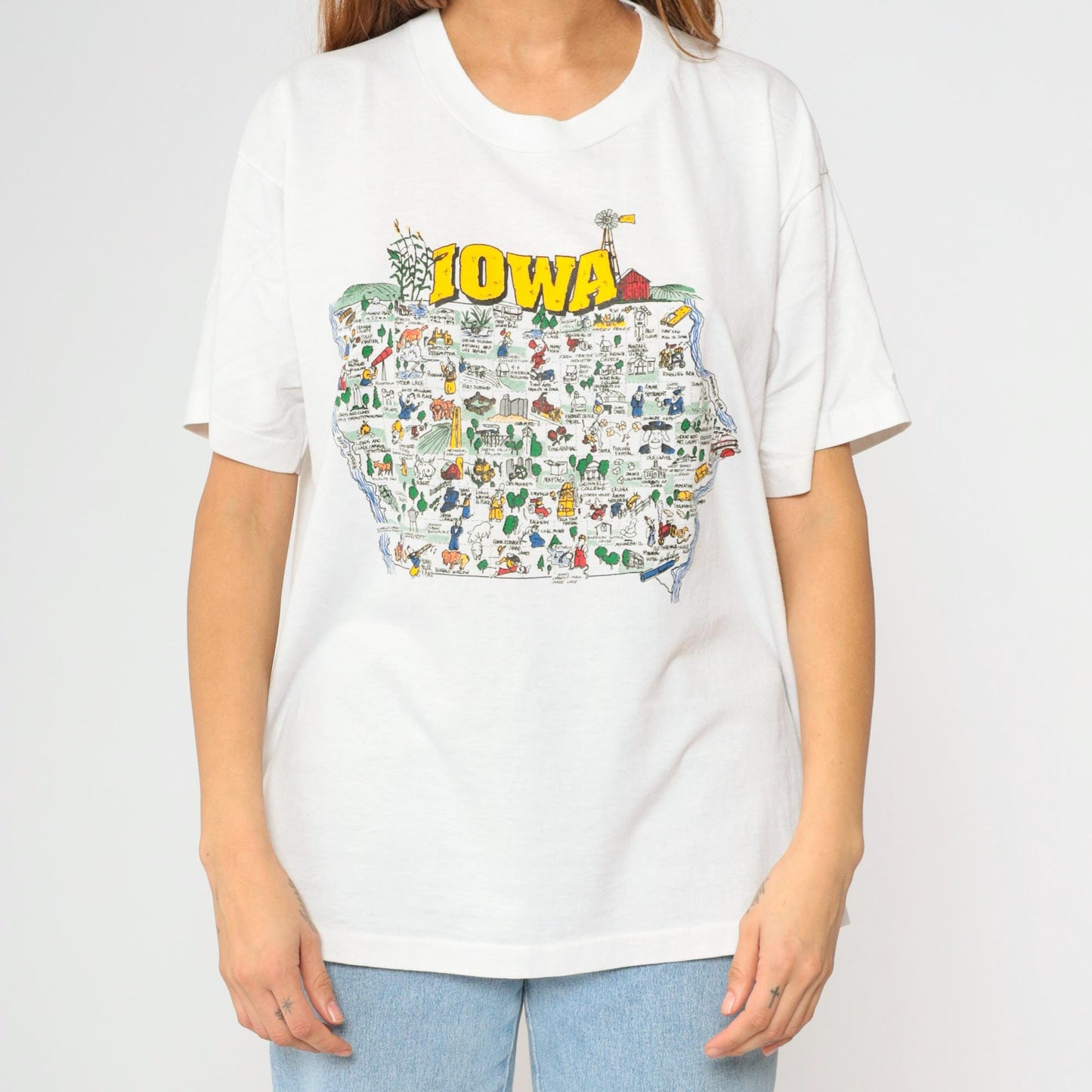 90s Iowa State Map Graphic T-Shirt White Crewneck Extra Large XL