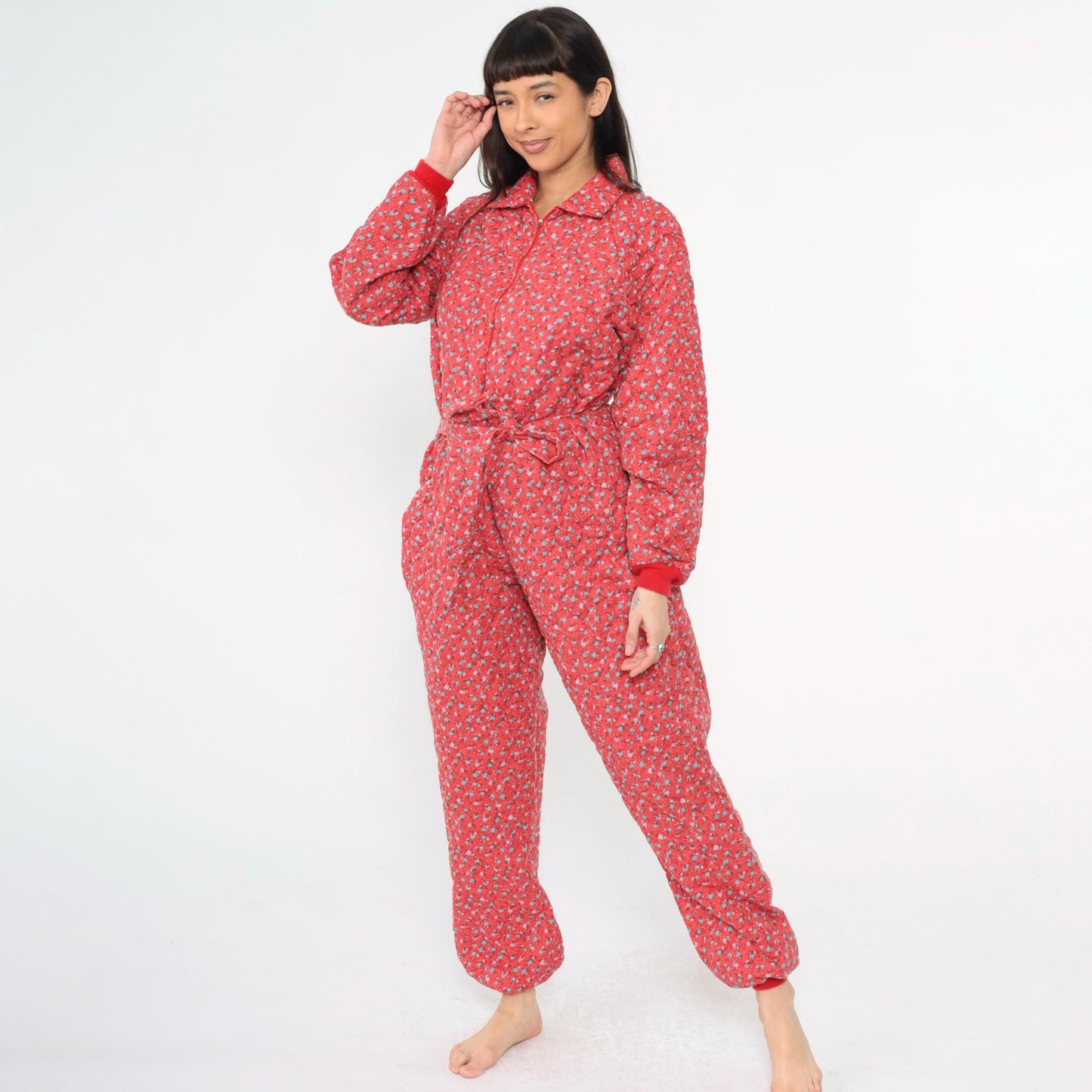 80s G. Caserotti Quilted Floral Jumpsuit Red Calico Raglan Pajama Medium Large