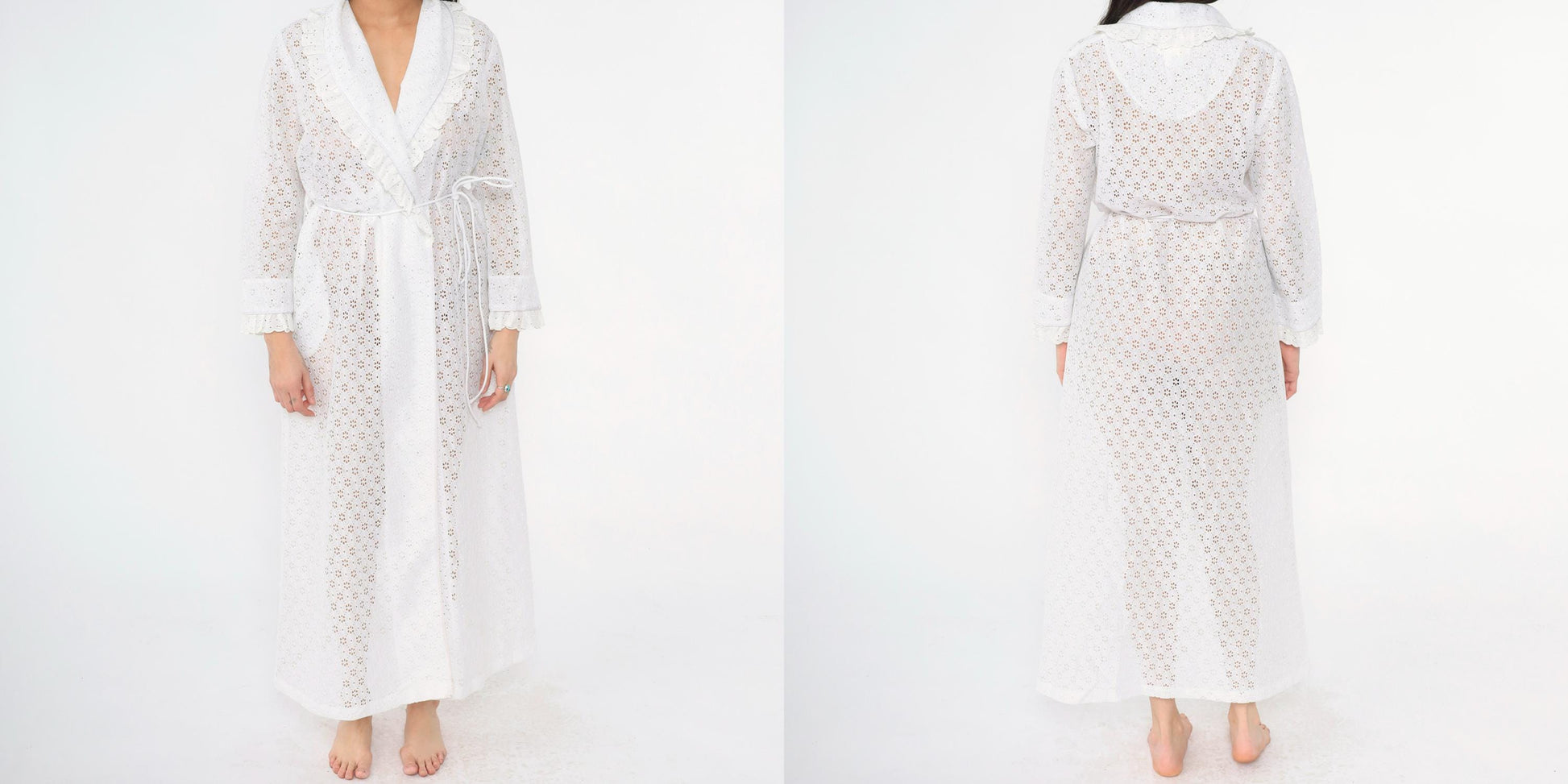 70s White Eyelet Lace Robe Long Sleeve Ruffle Trim Wrap Belted Small