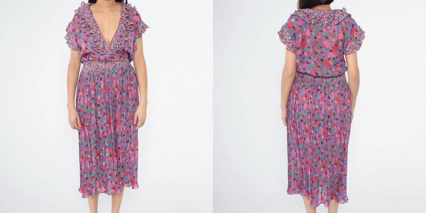 80s Diane Freis Floral Midi Dress Deep V Ruffle Cap Sleeve Purple Pink Small Medium