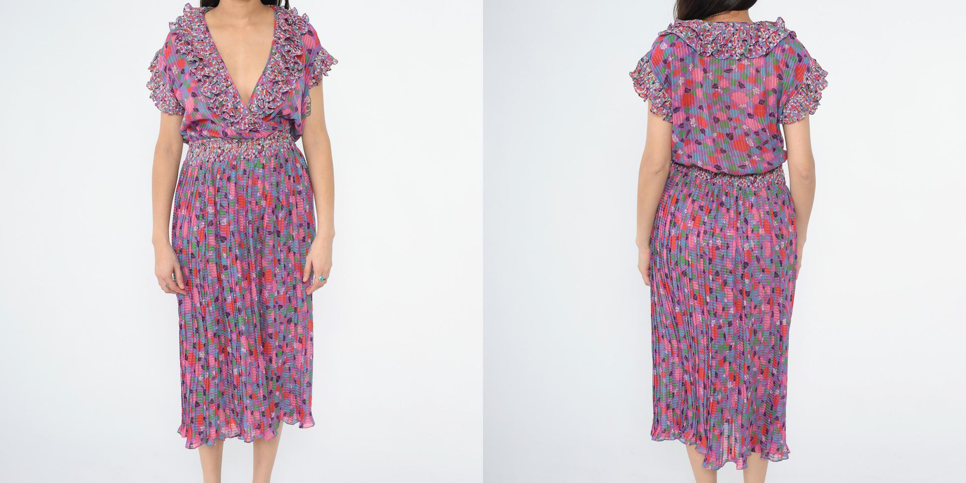 80s Diane Freis Floral Midi Dress Deep V Ruffle Cap Sleeve Purple Pink Small Medium