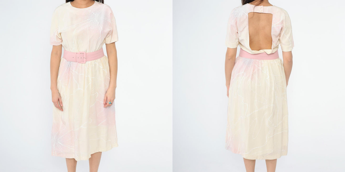 80s Pastel Floral Midi Dress Keyhole Back High Waist Belt Pink Yellow Small