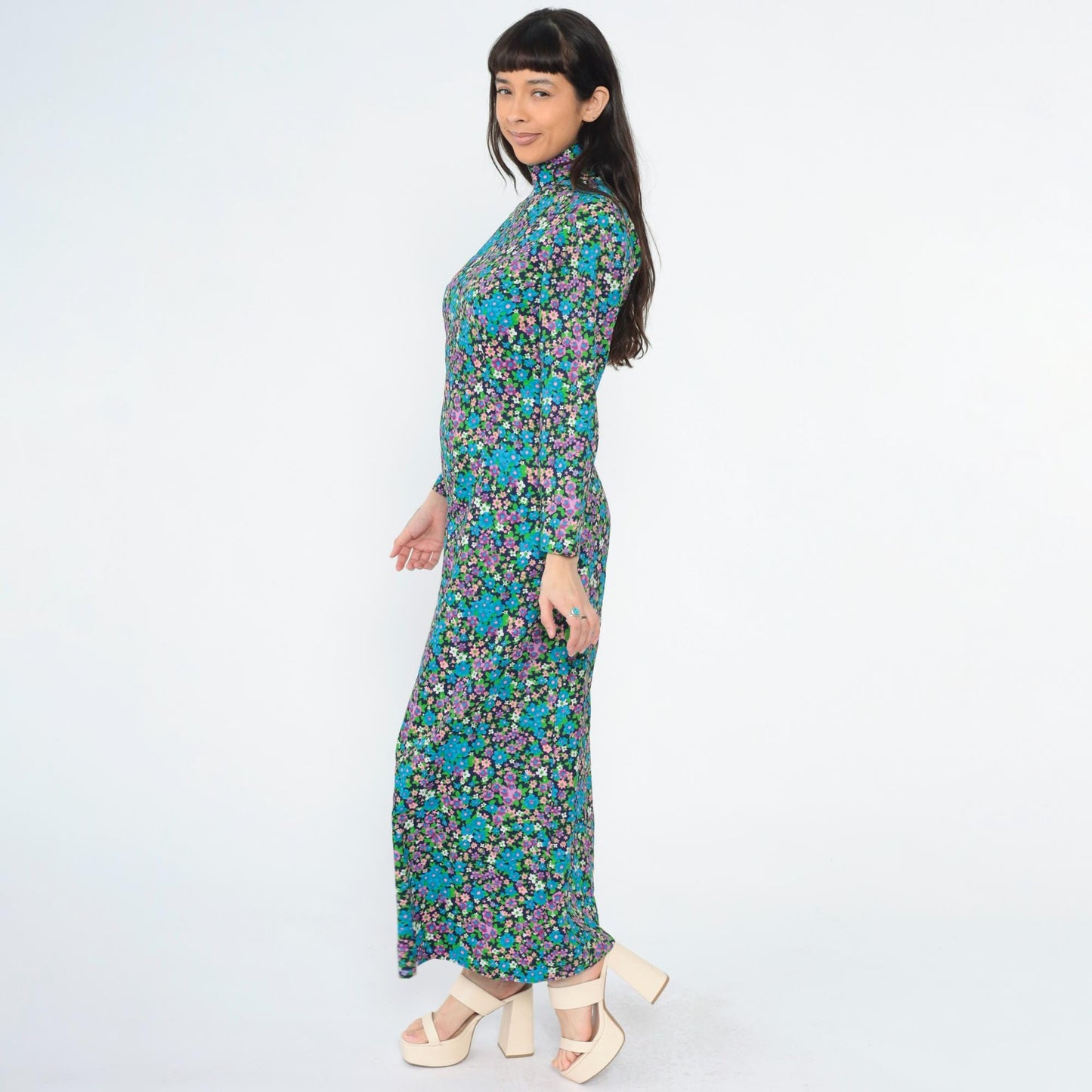 70s Blue Floral Maxi Dress Mock Neck Long Sleeve Princess Seams Small S