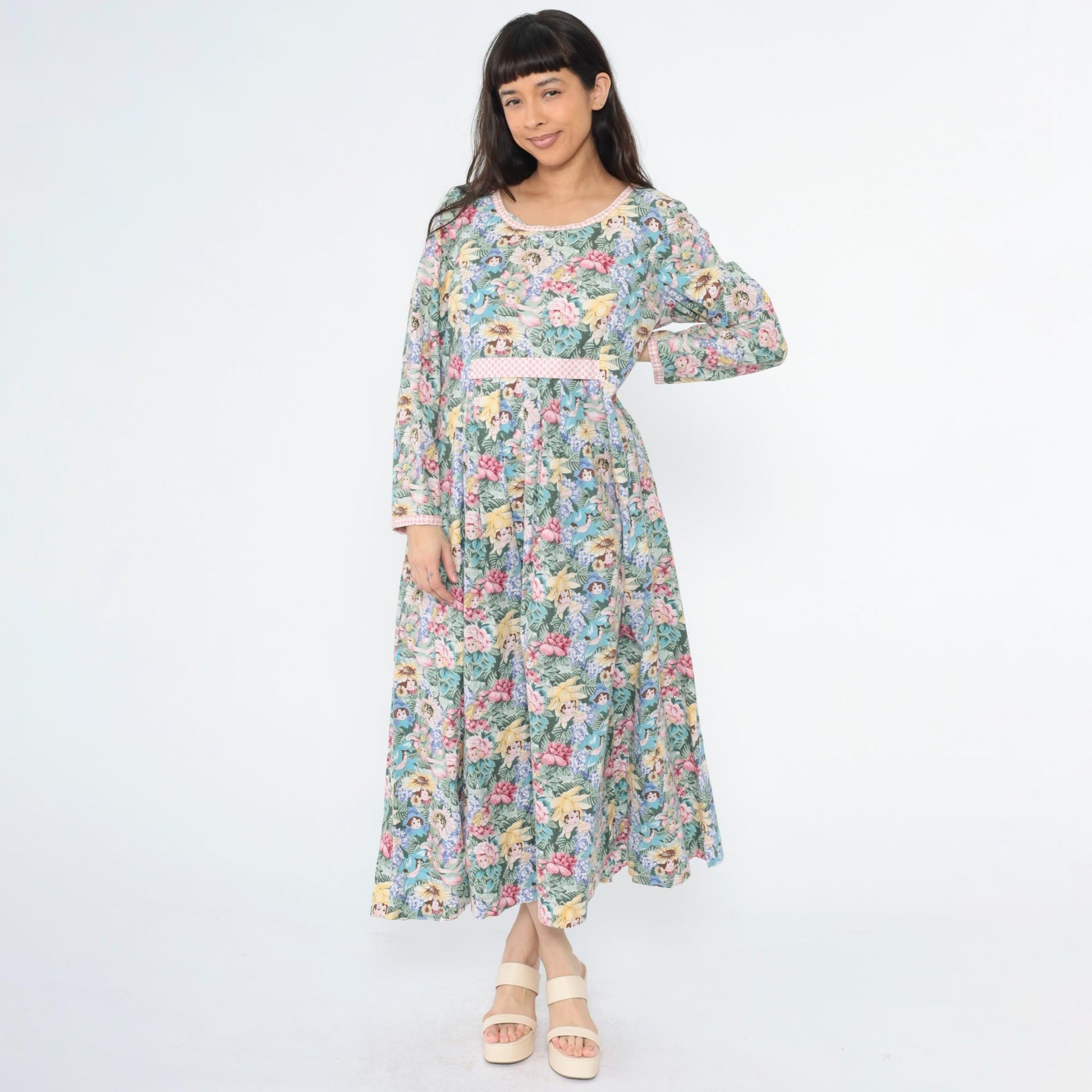 90s Floral Maxi Dress Flower Child Print Empire Waist Long Sleeve Medium Large