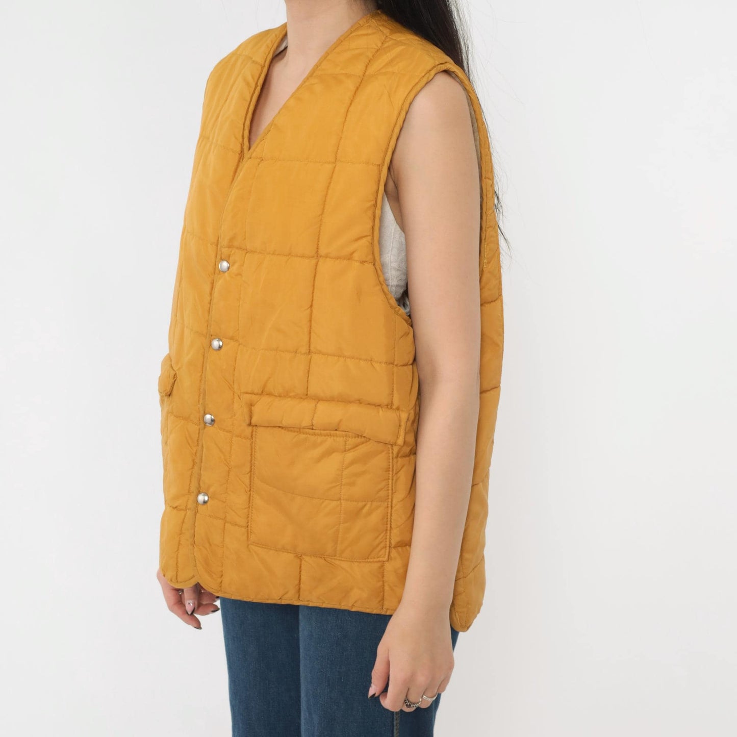 70s Western Trails Mustard Puffer Vest Quilted Faux Sherpa Lined Snap Medium