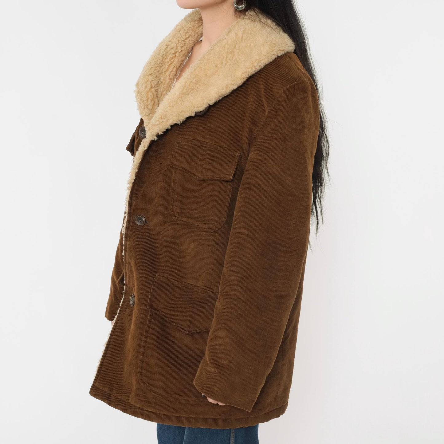 70s Brown Corduroy Sherpa Jacket Men's Collared Button-Up Medium