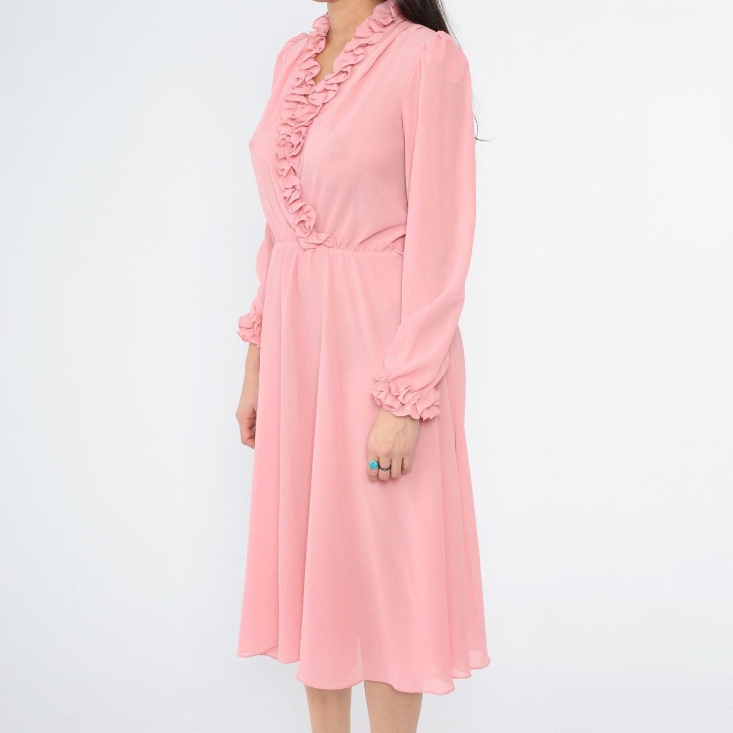 70s Ursula of Switzerland Pink Ruffle Midi Dress V-Neck Long Sleeve Medium M