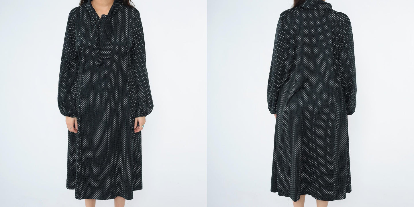 70s Black Polka Dot Ascot Midi Dress Long Sleeve Shift Plus Size XXL