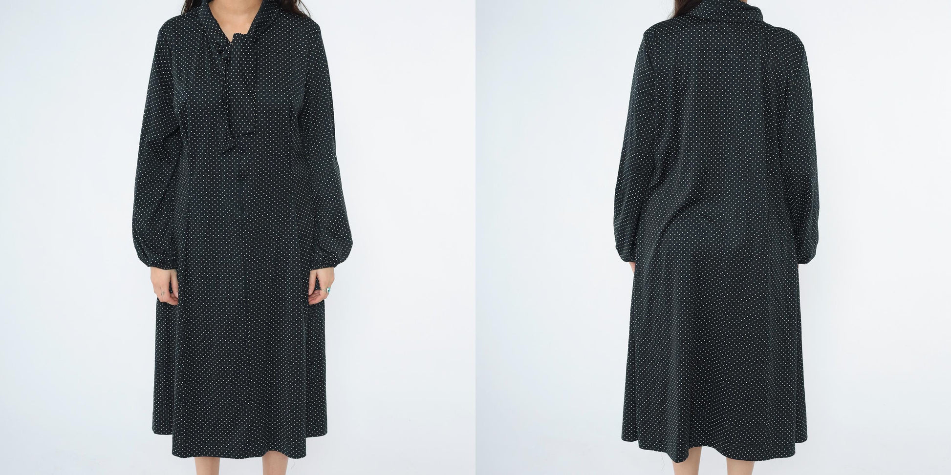 70s Black Polka Dot Ascot Midi Dress Long Sleeve Shift Plus Size XXL