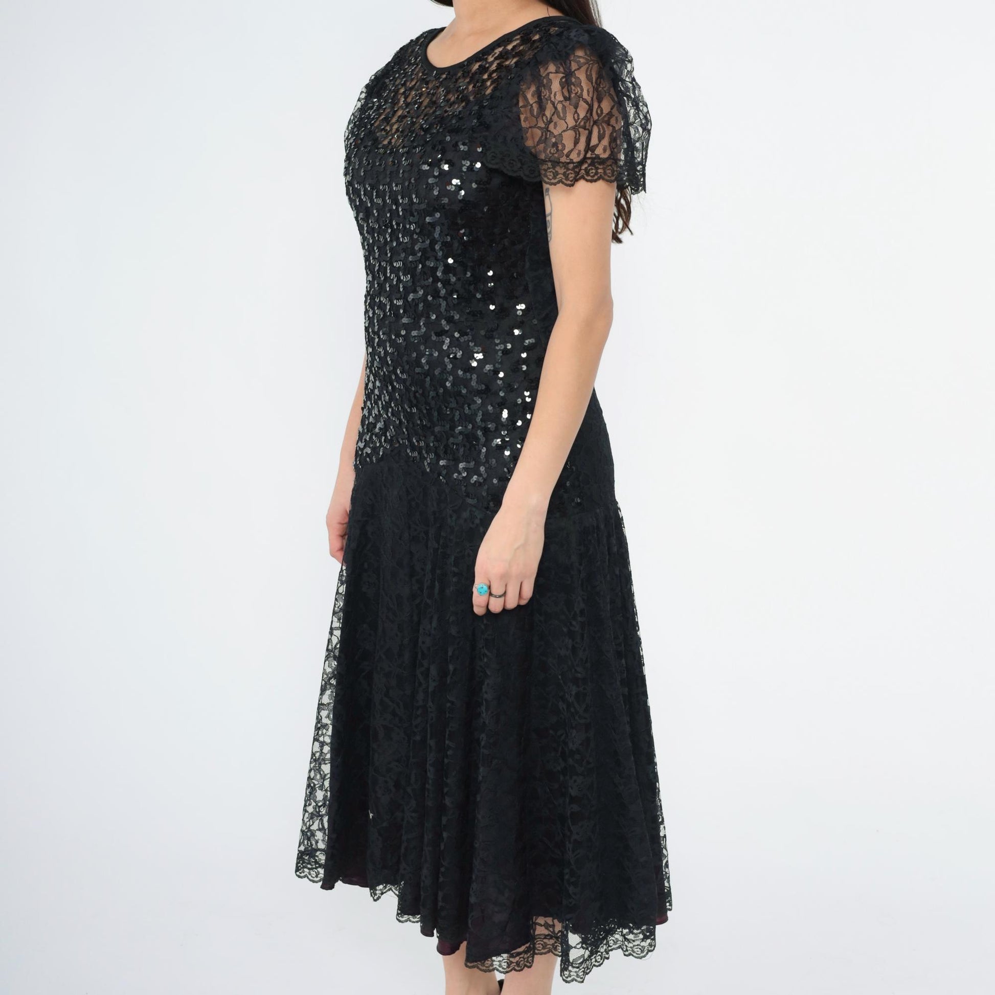 80s Night Moves Black Sequin Lace Midi Dress Puff Sleeve Mermaid Hem Small