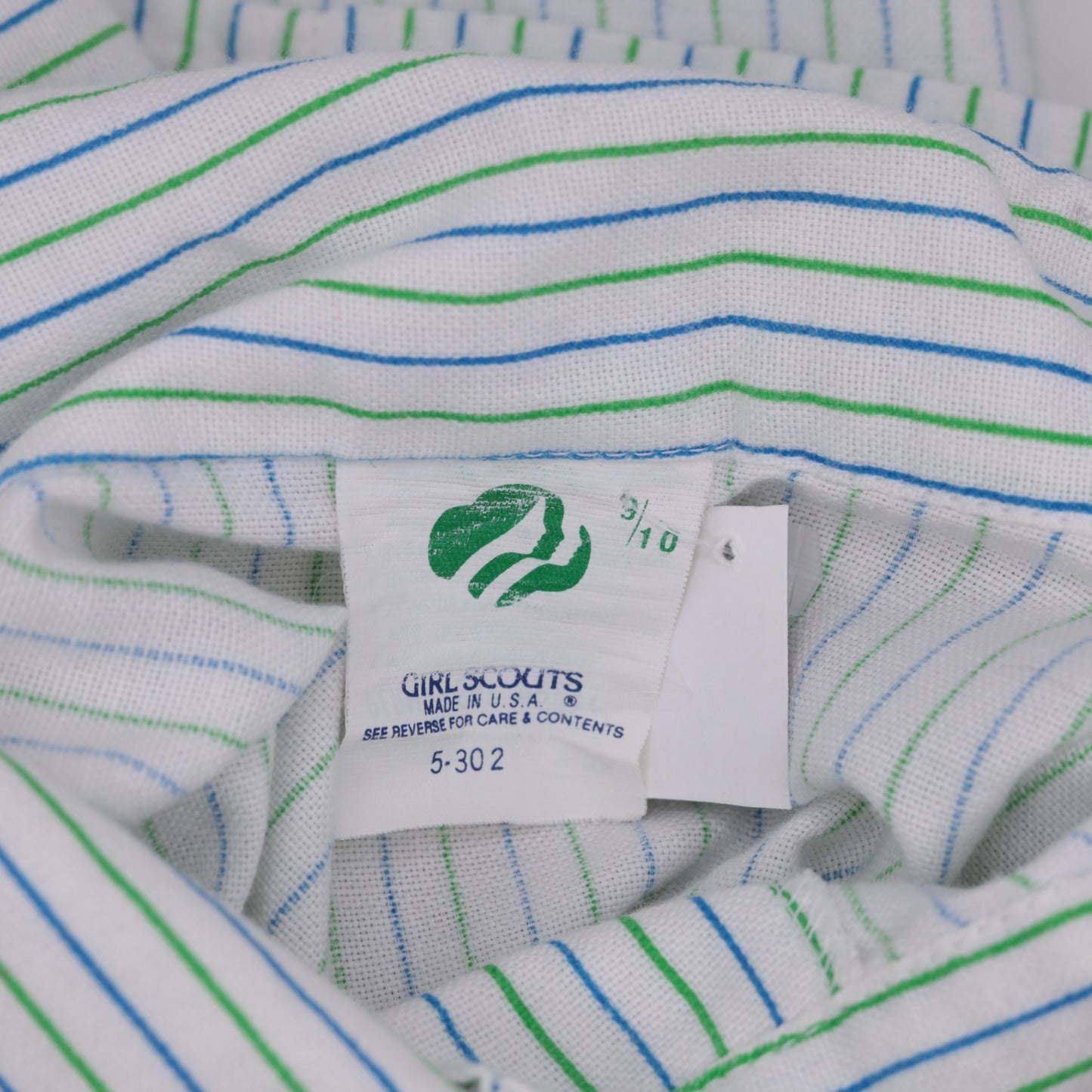 80s Girl Scouts Striped Button-Up Blouse White Blue Green Long Sleeve Small