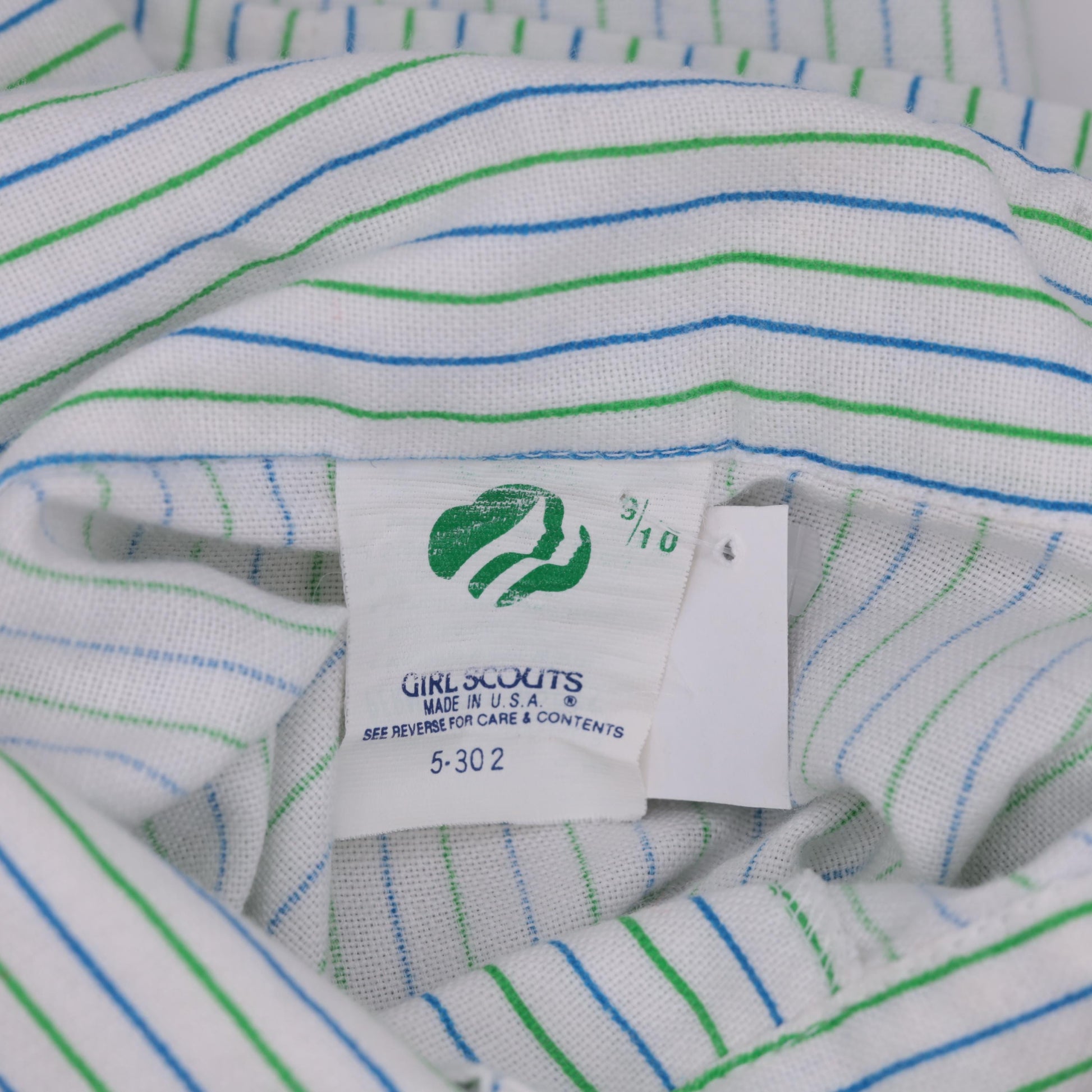 80s Girl Scouts Striped Button-Up Blouse White Blue Green Long Sleeve Small