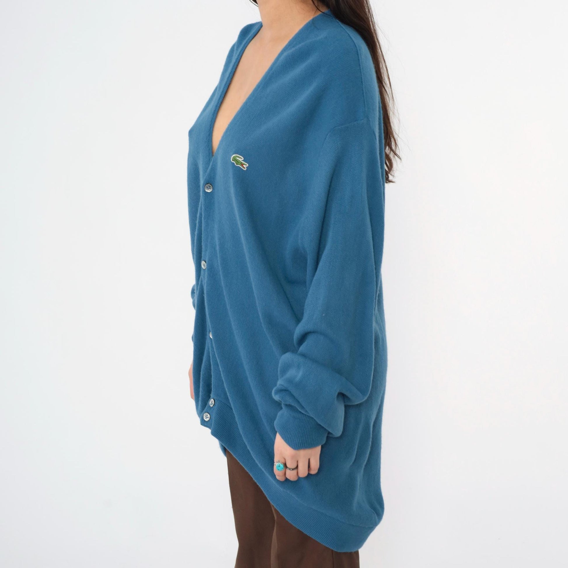 80s Izod Lacoste Blue Cardigan Sweater Crocodile Logo Knit Extra Large XL