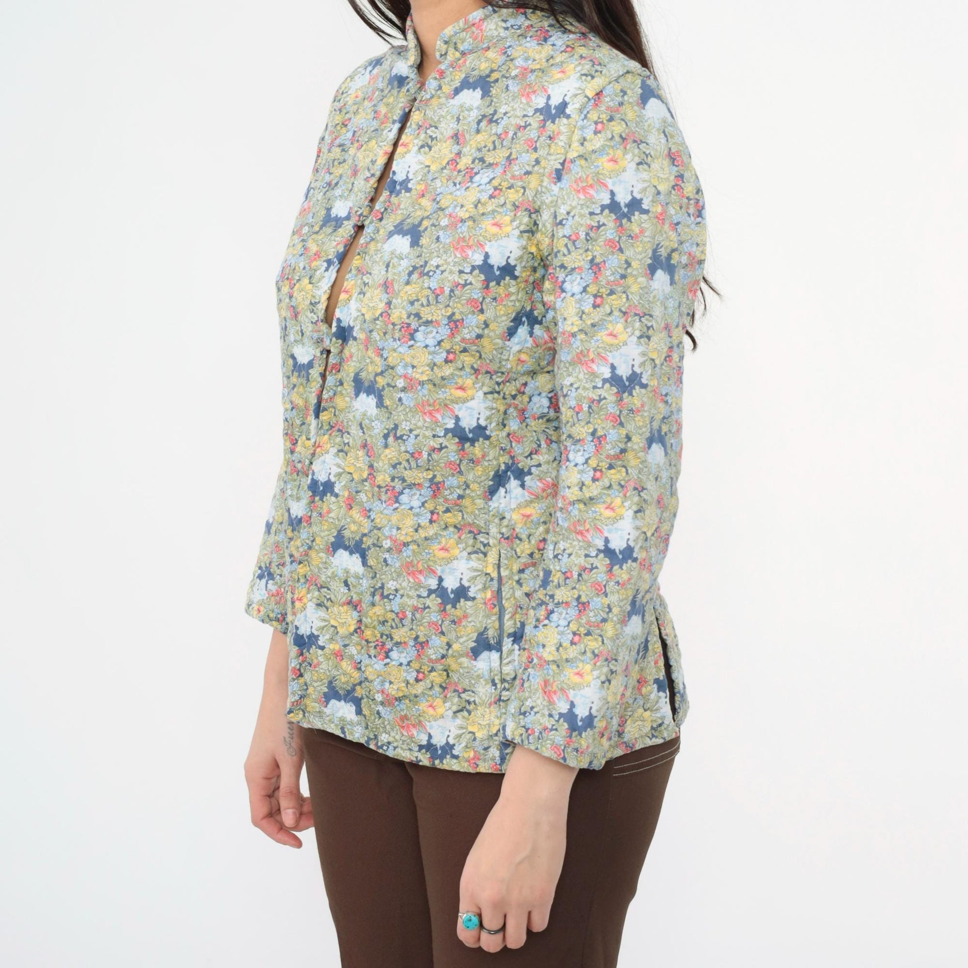 80s Quilted Floral Jacket Mandarin Collar Chinese Knot Buttons Small
