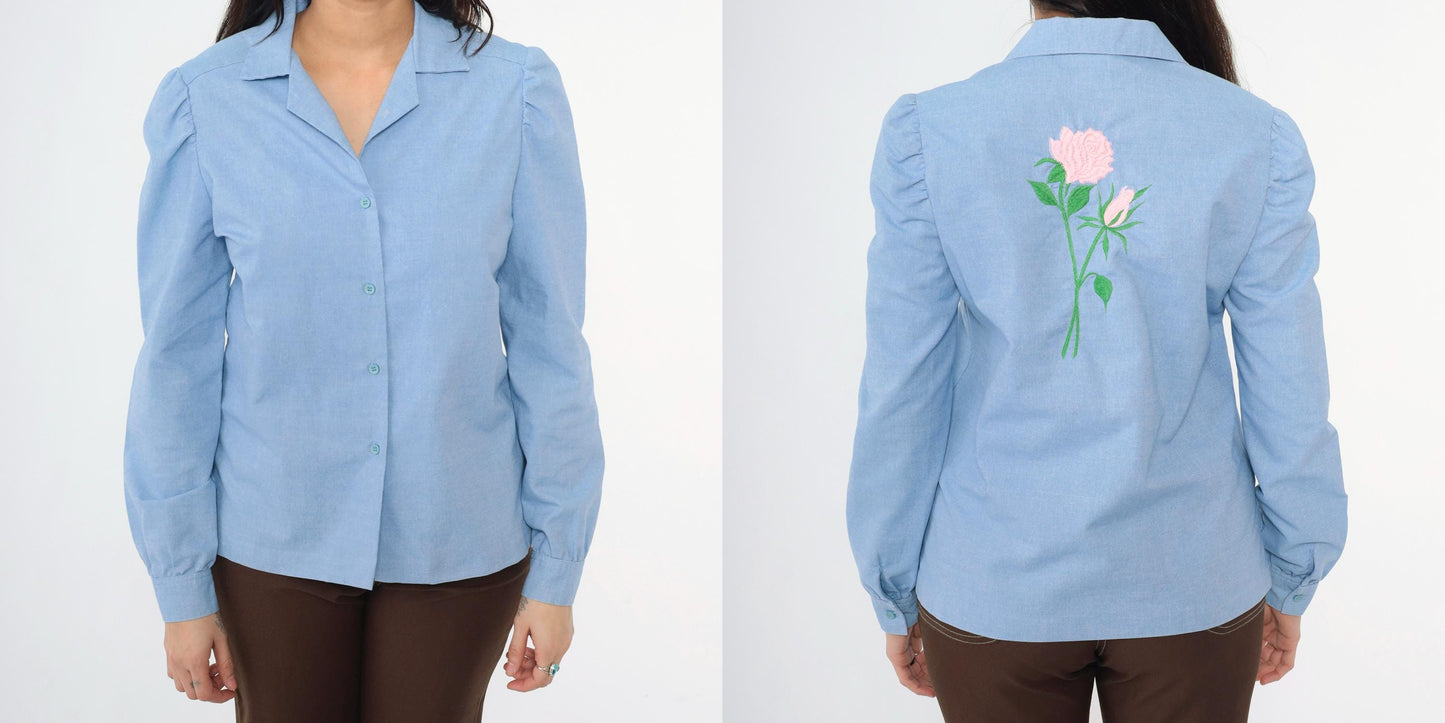 80s Blue Floral Embroidered Blouse Puff Sleeve Button-Up Pink Roses Medium
