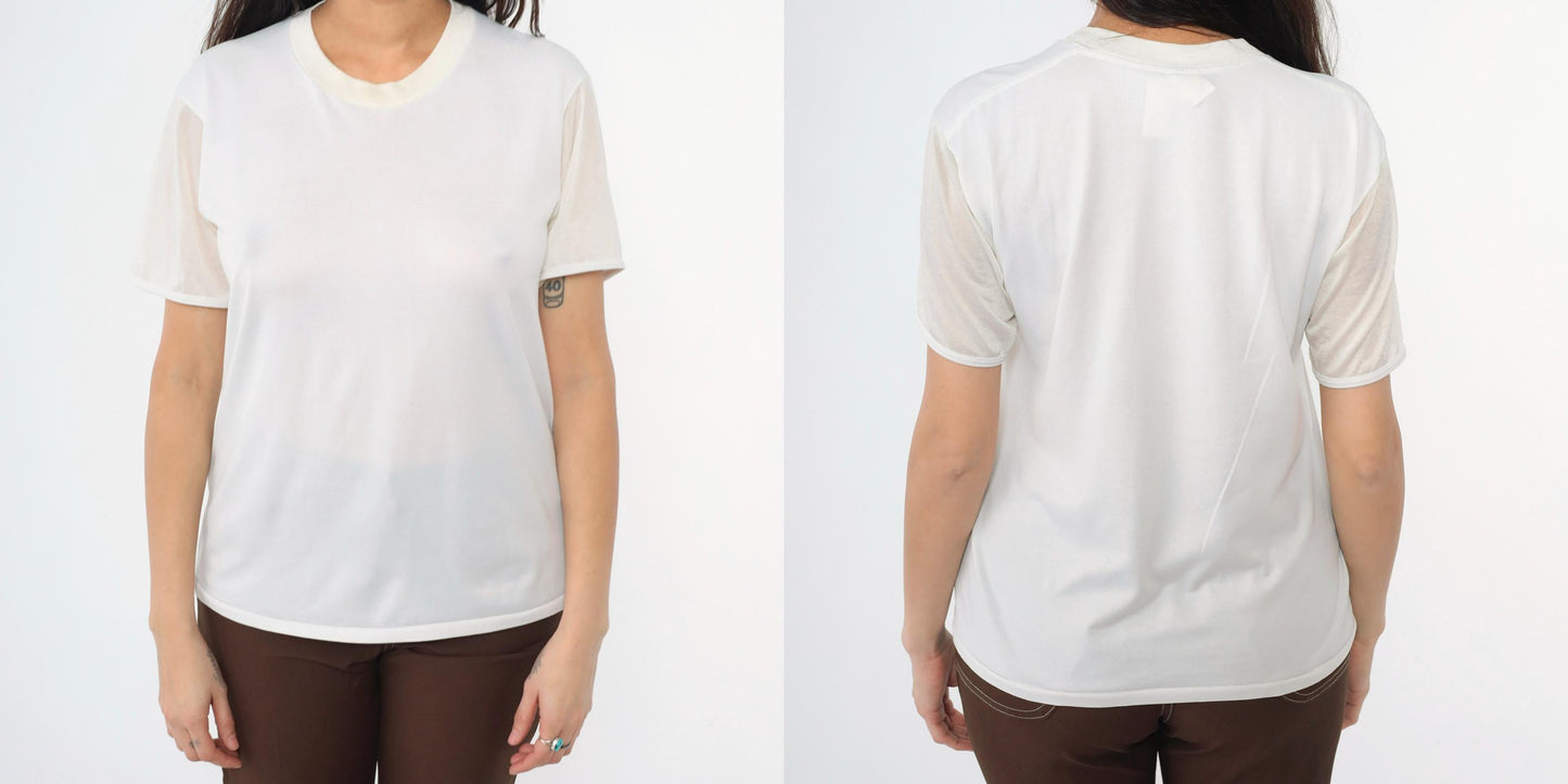 80s Quiana Nylon Blend Plain White Crew Neck T-Shirt Size 40