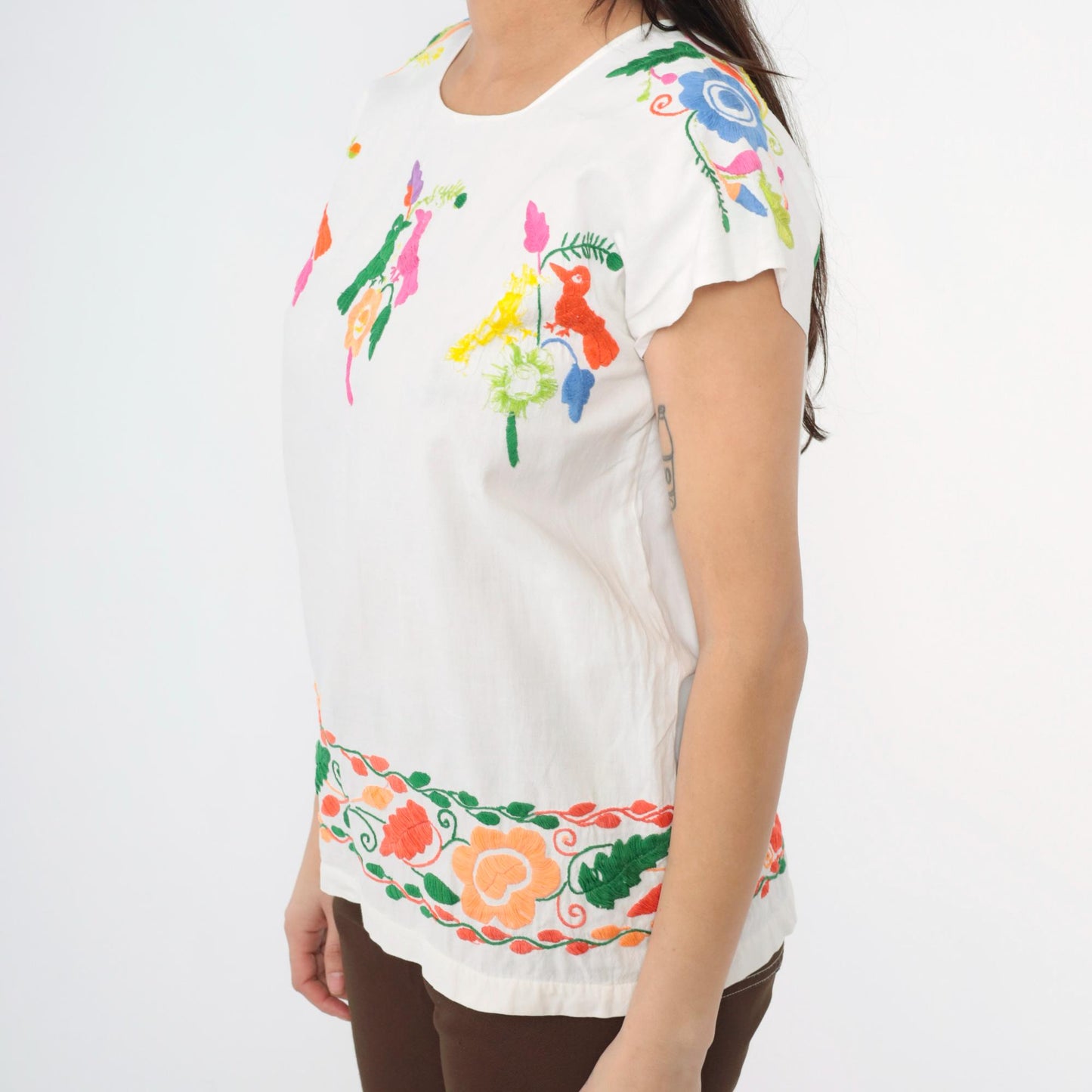 80s Mexican Embroidered Bird Blouse White Cotton Tunic Medium M