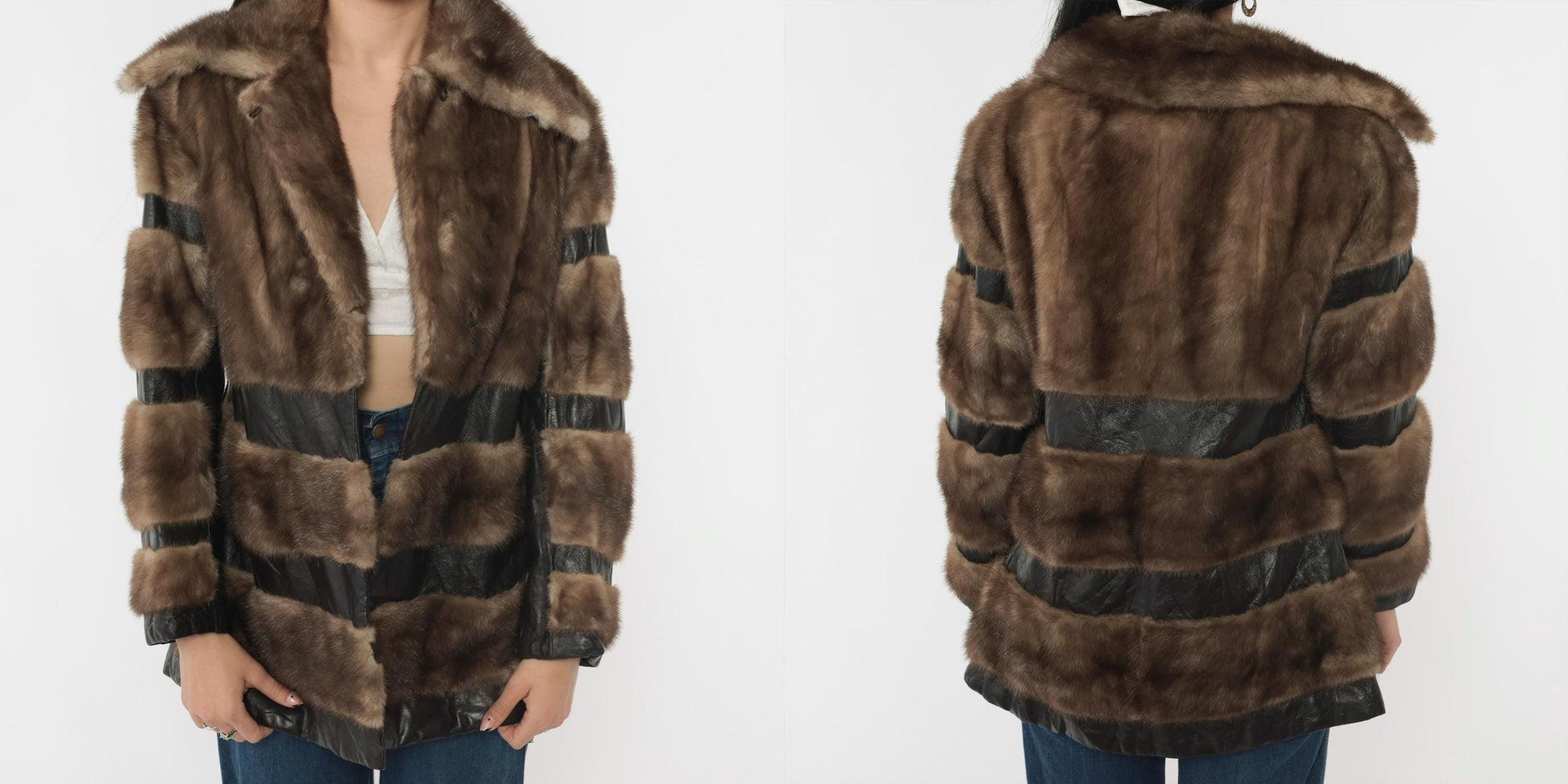 1970s Brown Leather Fur Patchwork Striped Mid-Length Jacket Small S