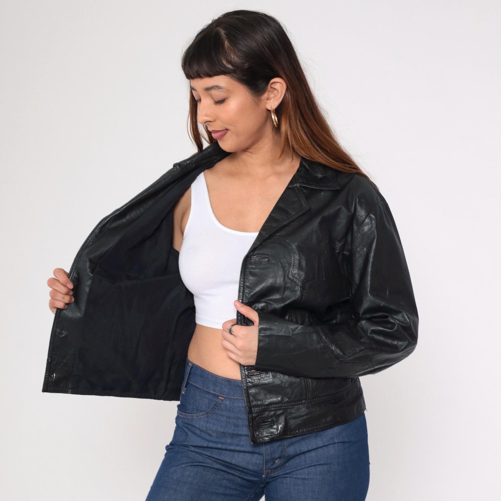 80s Black Leather Motorcycle Jacket Western Yoke Button Front Medium