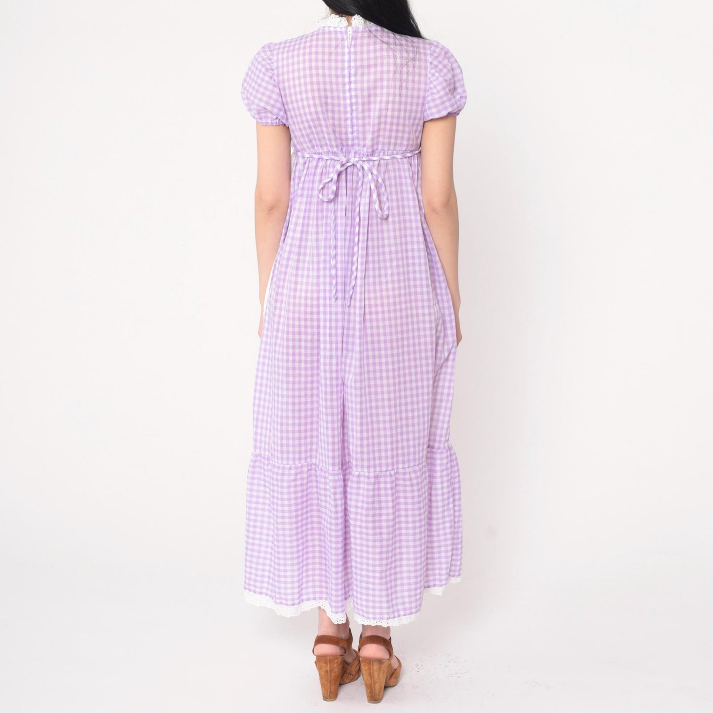 70s Youngland Gingham Maxi Dress Lavender Eyelet Empire Waist Puff Sleeve Extra Small