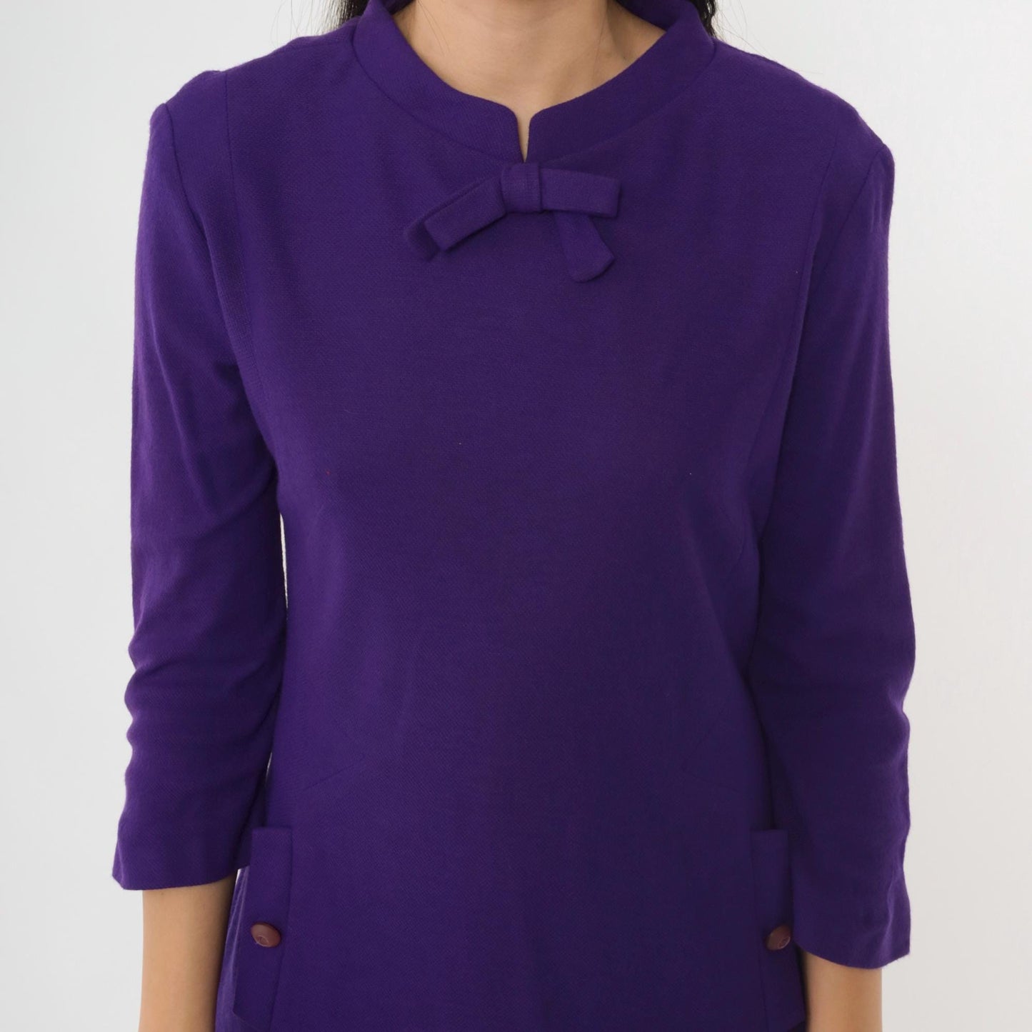 60s Purple Wool Shift Dress Bow Neck Mini 3/4 Sleeve Small