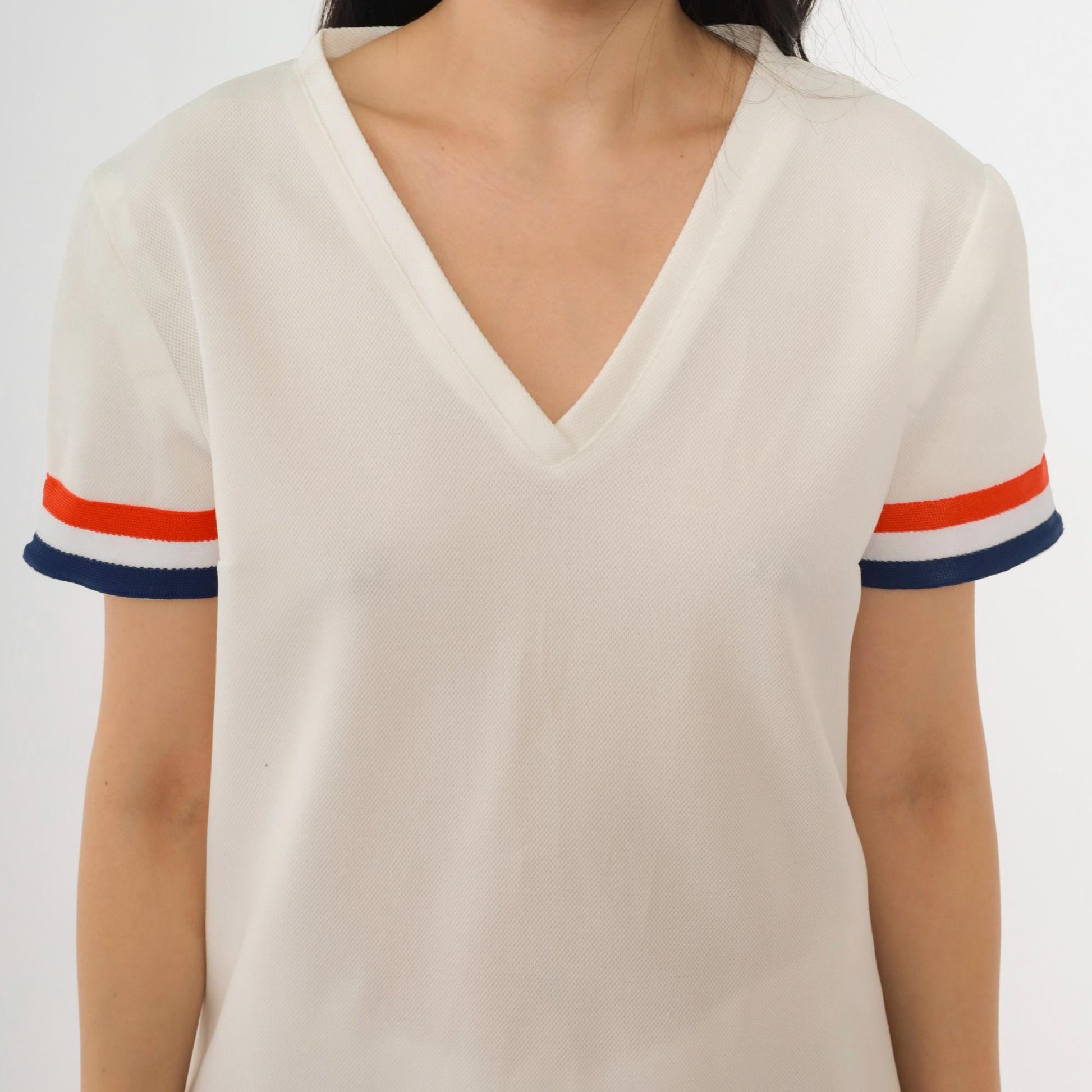60s Mod Striped Shift Dress White Blue Orange V-Neck Short Sleeve Medium M