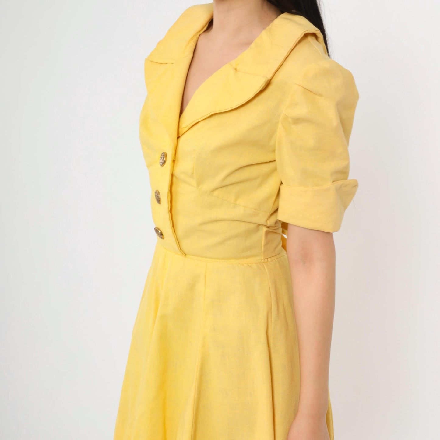 60s Yellow Mod Mini Dress Puff Sleeve Button-Up Collared A-Line Small