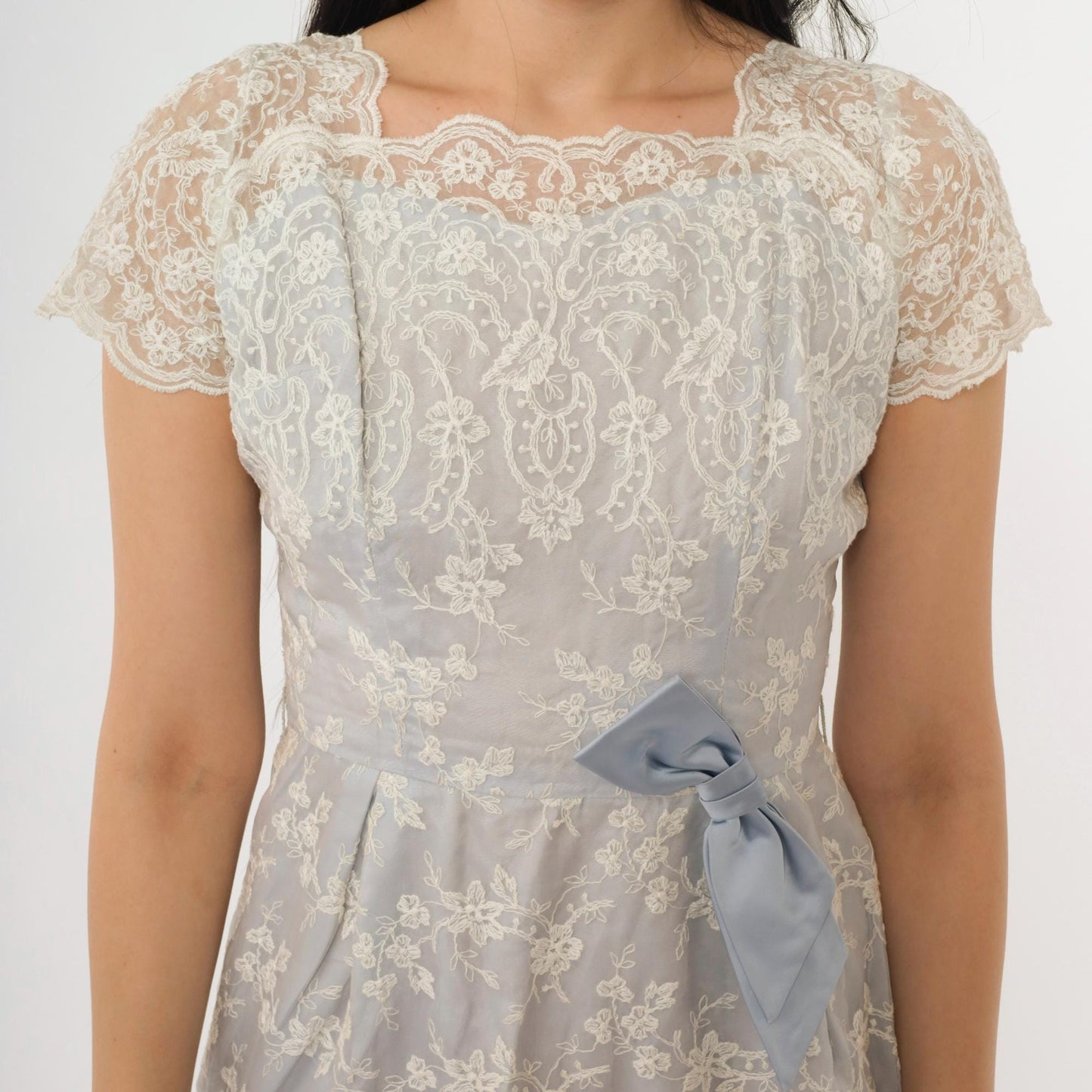 1950s Blue Lace Midi Dress Scalloped Cap Sleeve Satin Bow Extra Small XS