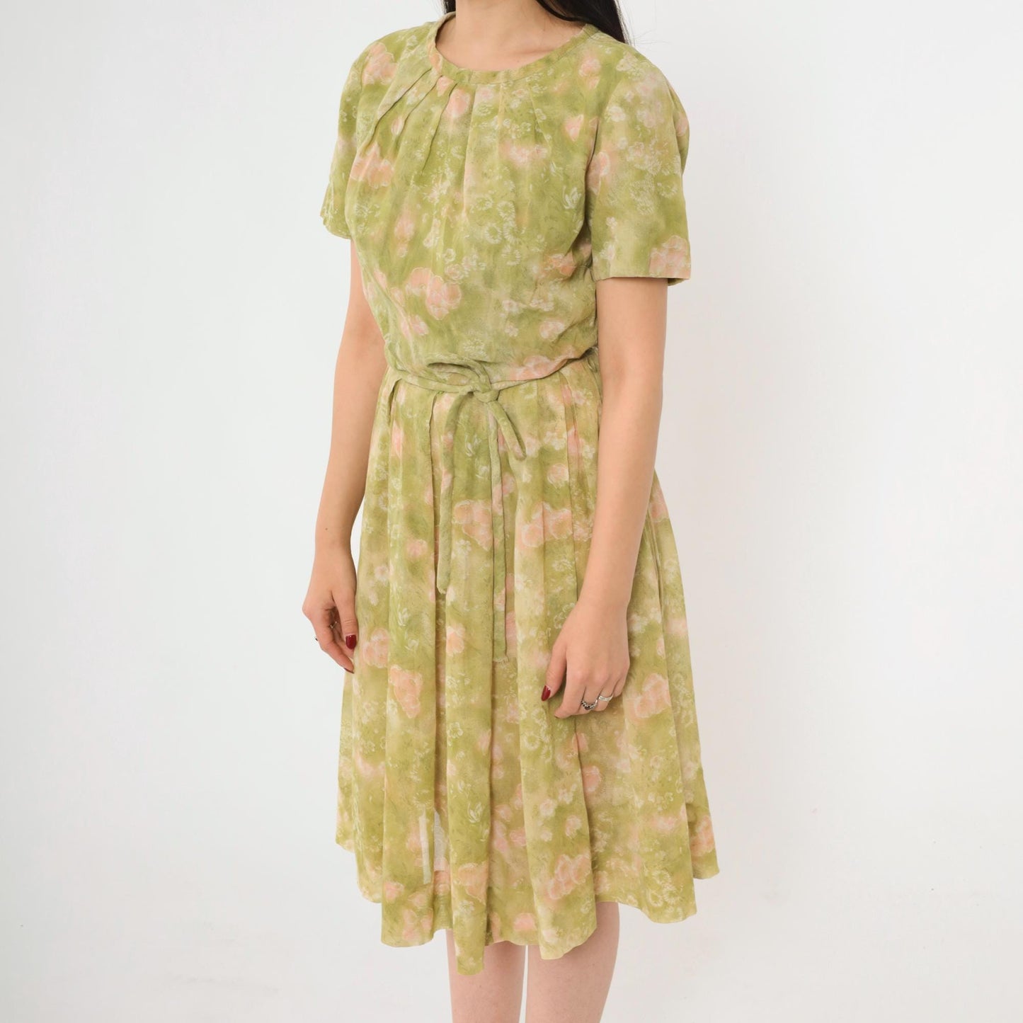 1960s Jean Lang Floral Pleated Day Dress Green Pink Knee-Length Small
