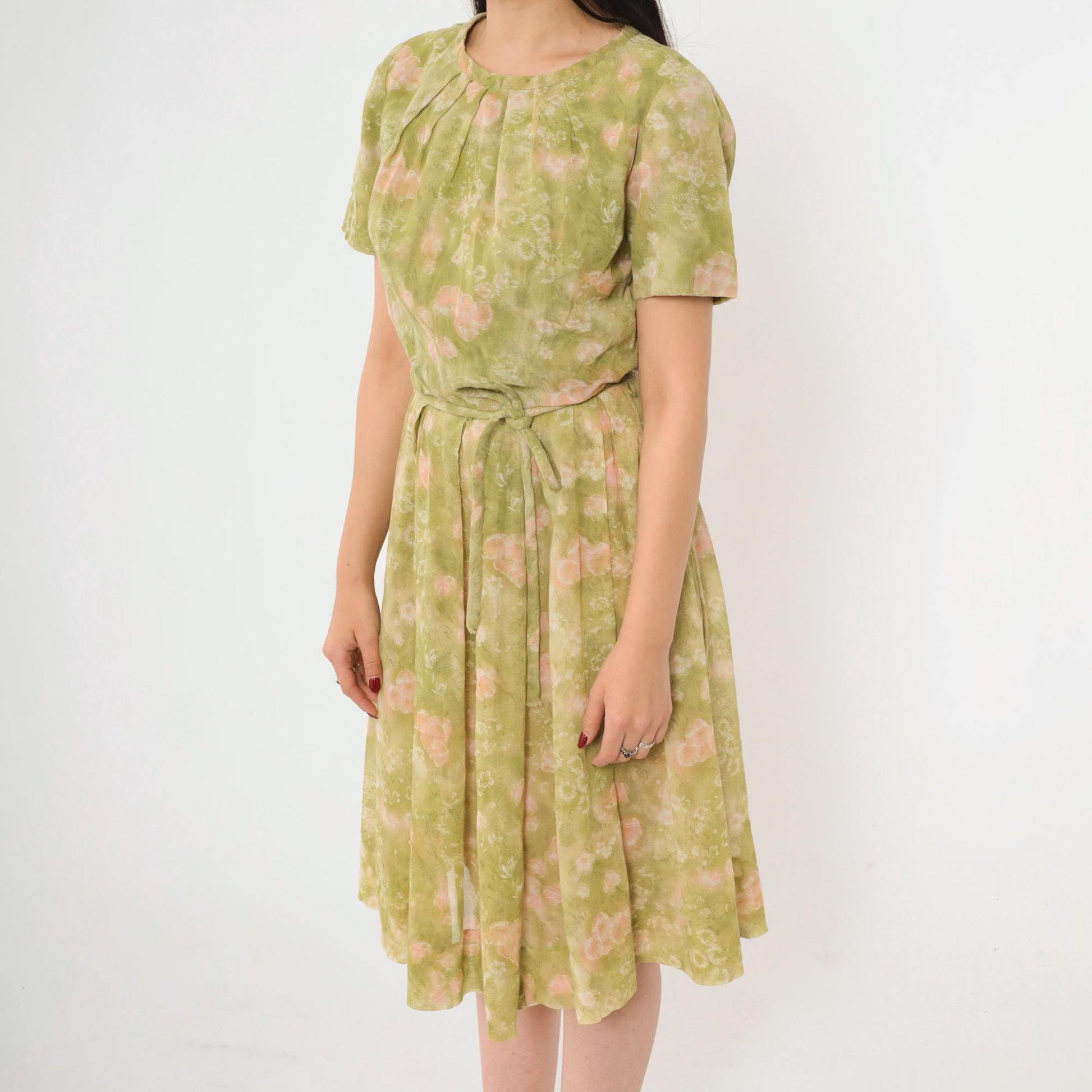 1960s Jean Lang Floral Pleated Day Dress Green Pink Knee-Length Small