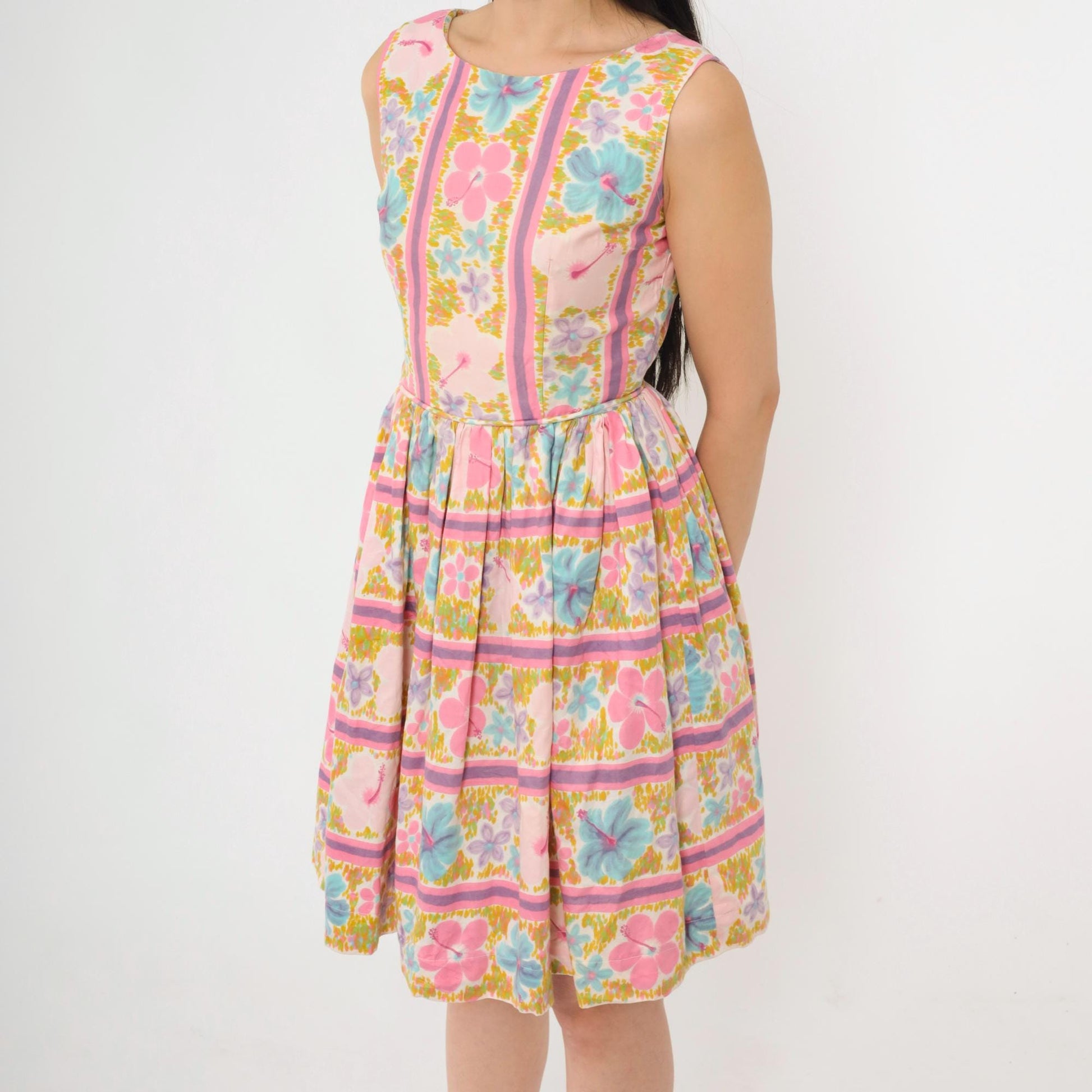 1960s Tropical Floral Mini Dress Pink Blue High Waist Sleeveless Extra Small