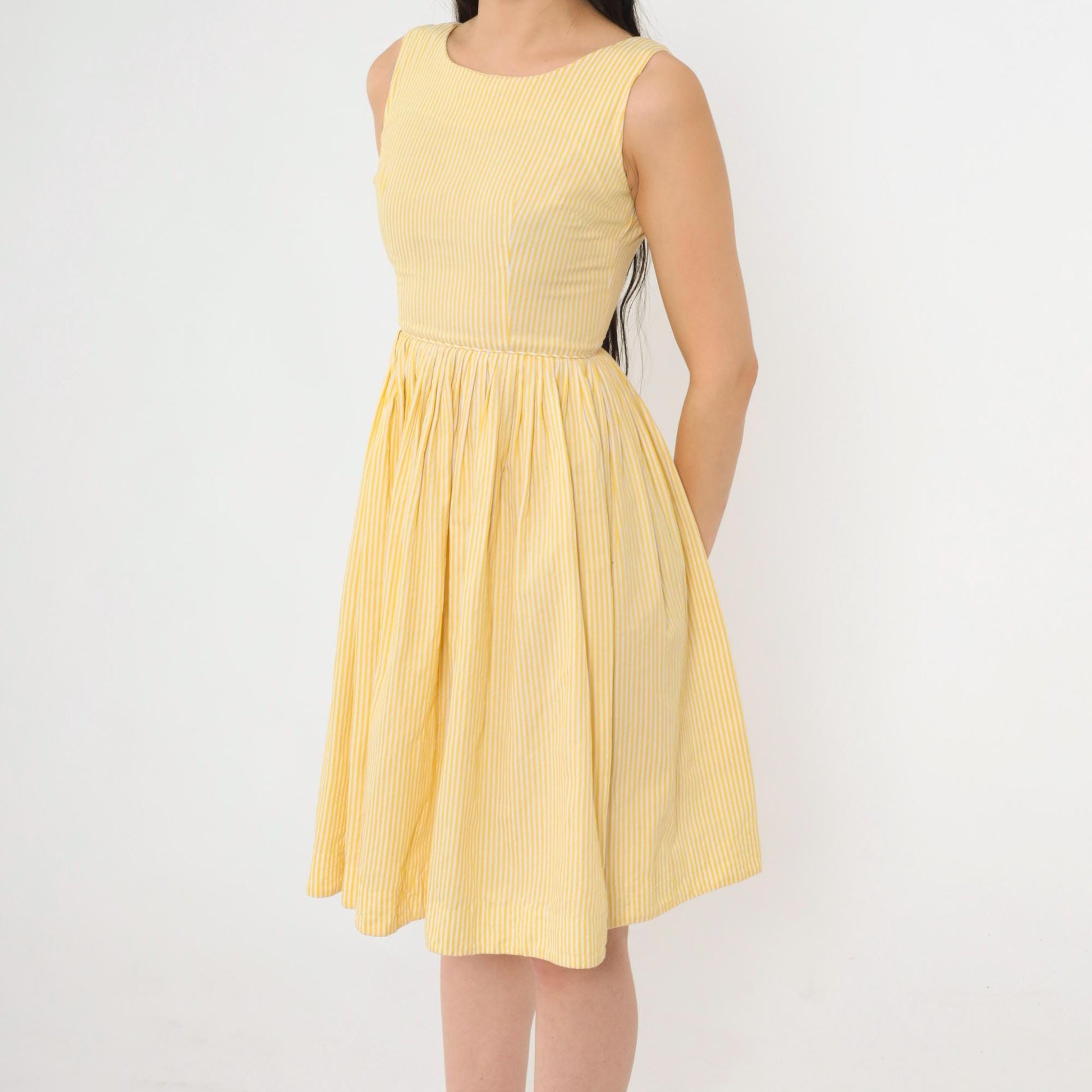 60s Yellow Striped Fit and Flare Mini Dress High Waist Pleated Sleeveless XXS