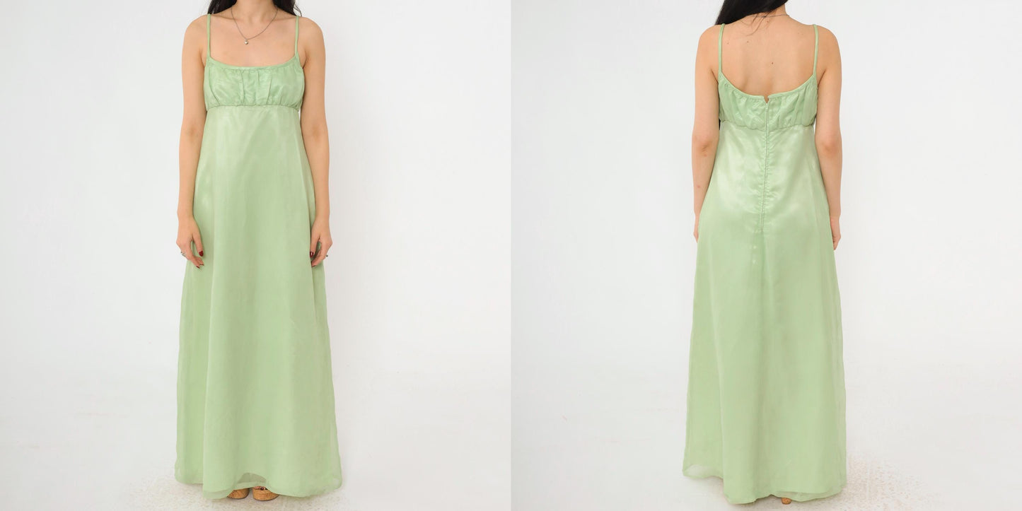 70s Light Green Empire Waist Maxi Dress Organdy Spaghetti Strap Formal Gown XS