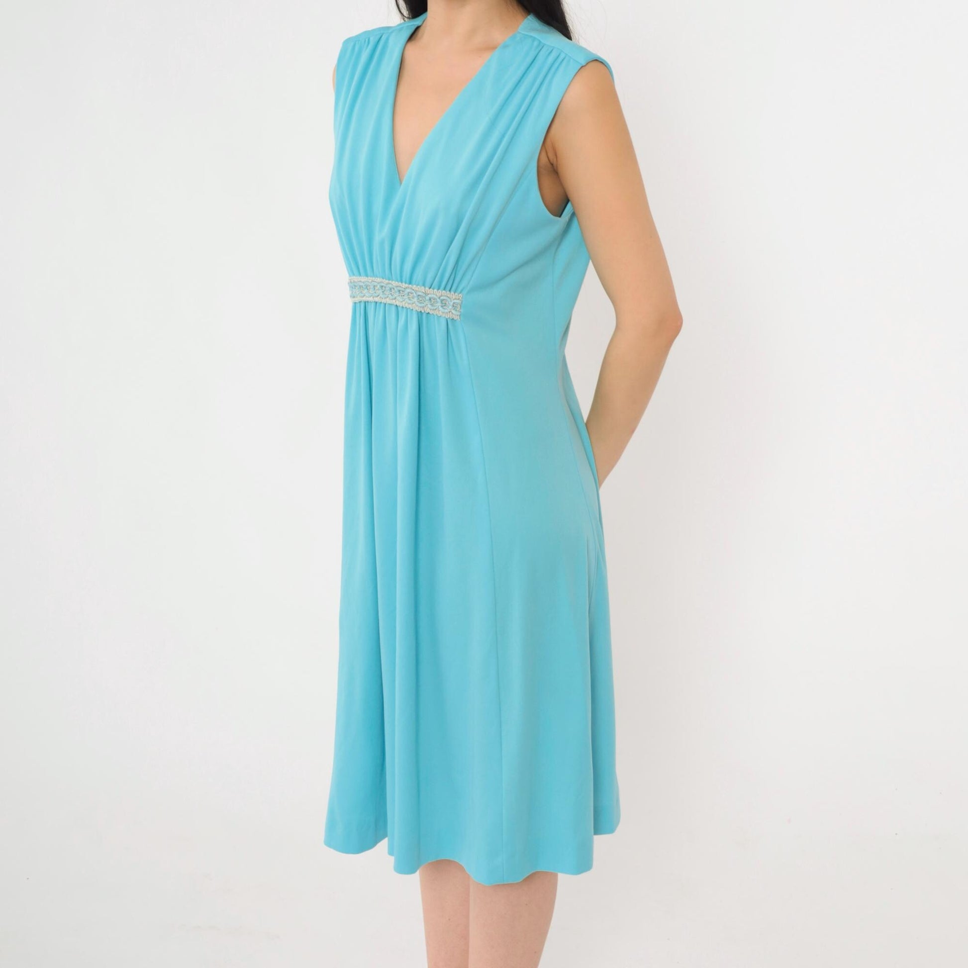 70s Blue Grecian Midi Dress Empire Waist Embroidered V Neck Sleeveless Medium