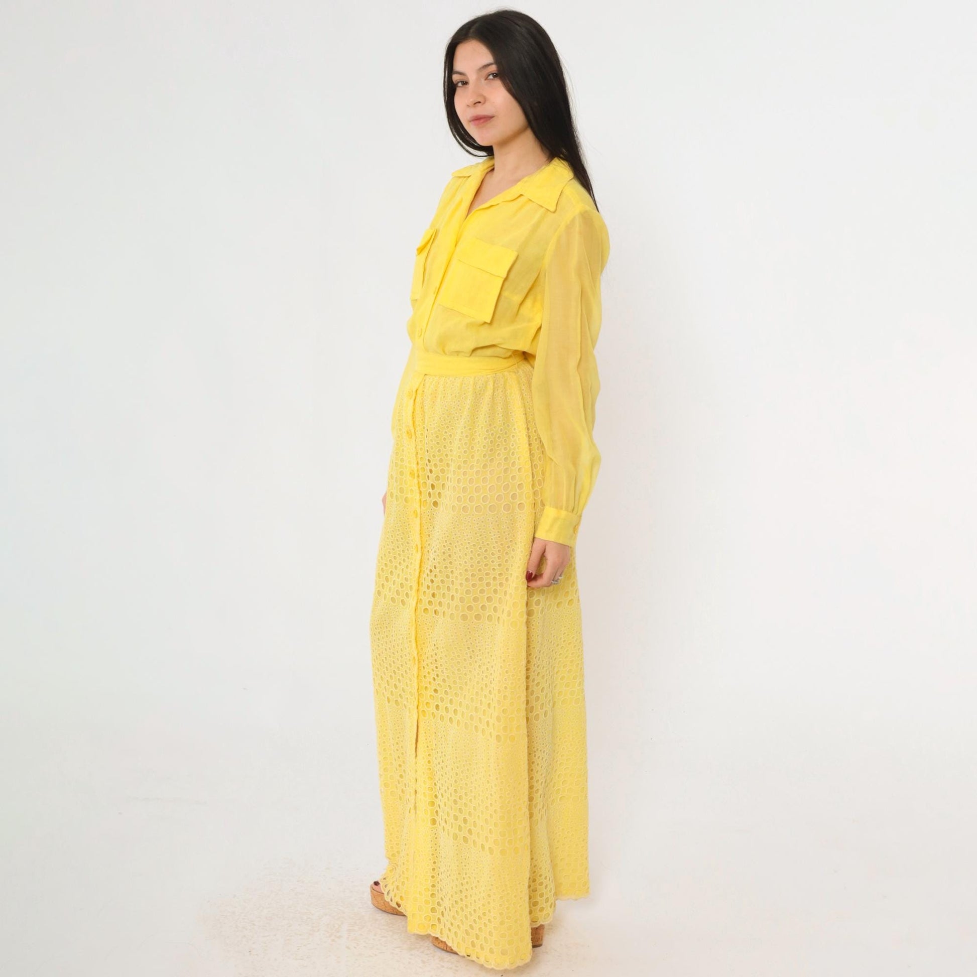 70s Yellow Eyelet Lace Maxi Dress Button-Up High Waist Utility Pockets Small