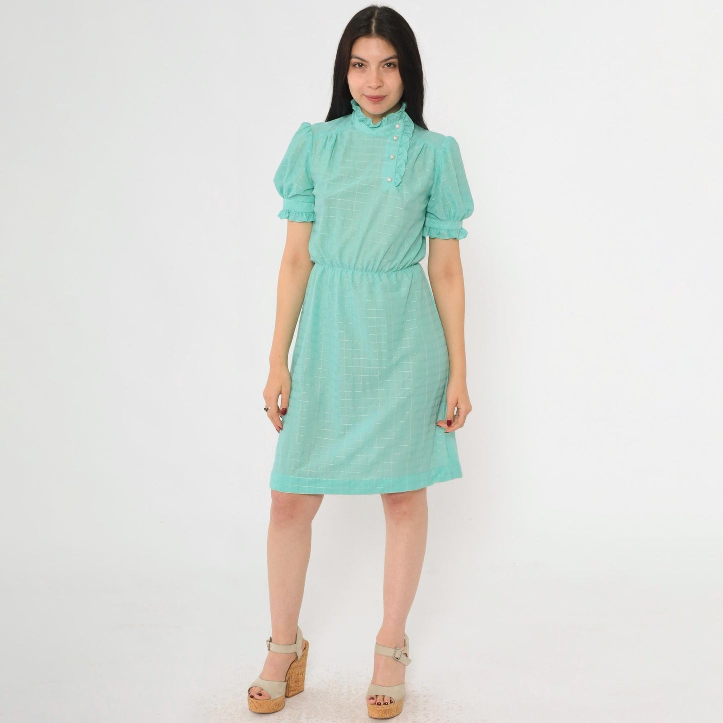 80s Seafoam Checkered Midi Dress Puff Sleeve Button-Up Ruffle Neckline Small
