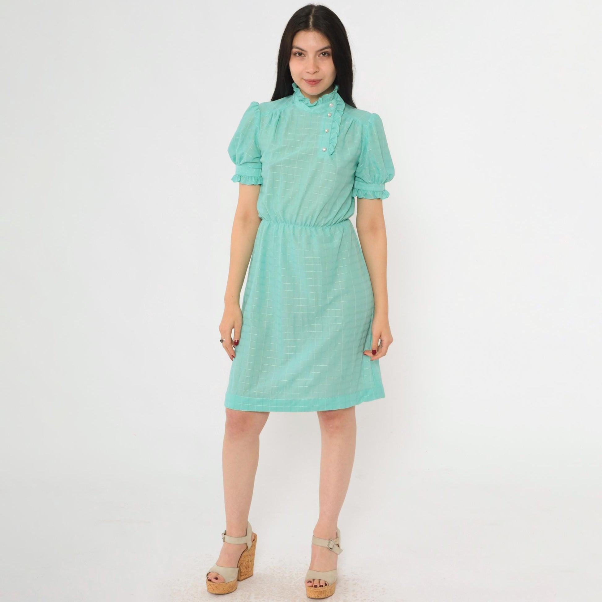 80s Seafoam Checkered Midi Dress Puff Sleeve Button-Up Ruffle Neckline Small