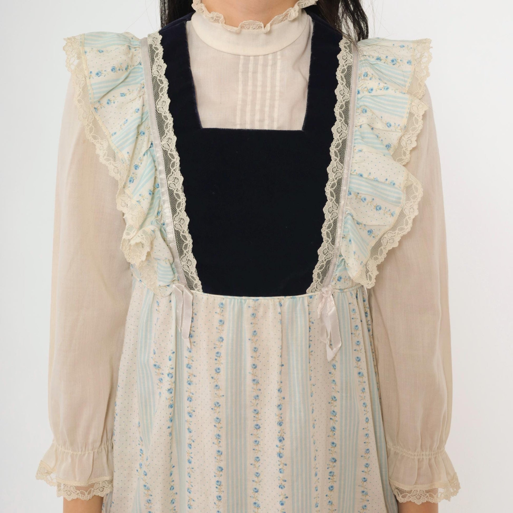 70s Prairie Midi Dress Blue Floral Velvet Bib Lace Ruffle High Neck XXS
