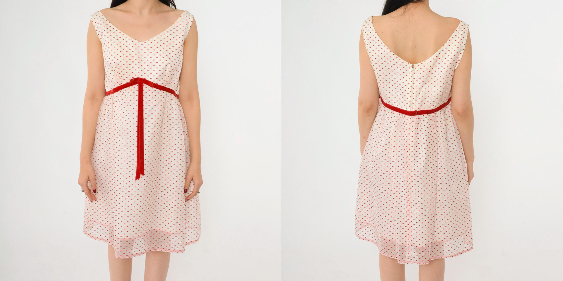 60s White Party Dress Flocked Crown Dot Print Red Velvet Bow Empire Waist Mini Medium