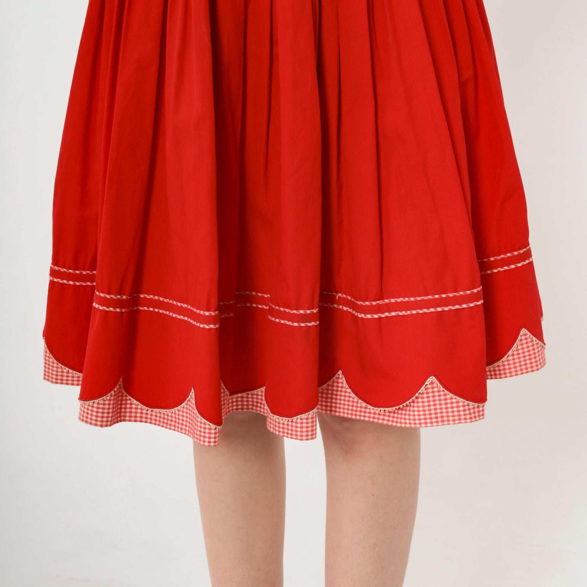 60s Red Pleated Dress Gingham Trim Boatneck Short Sleeve Knee Length Extra Small
