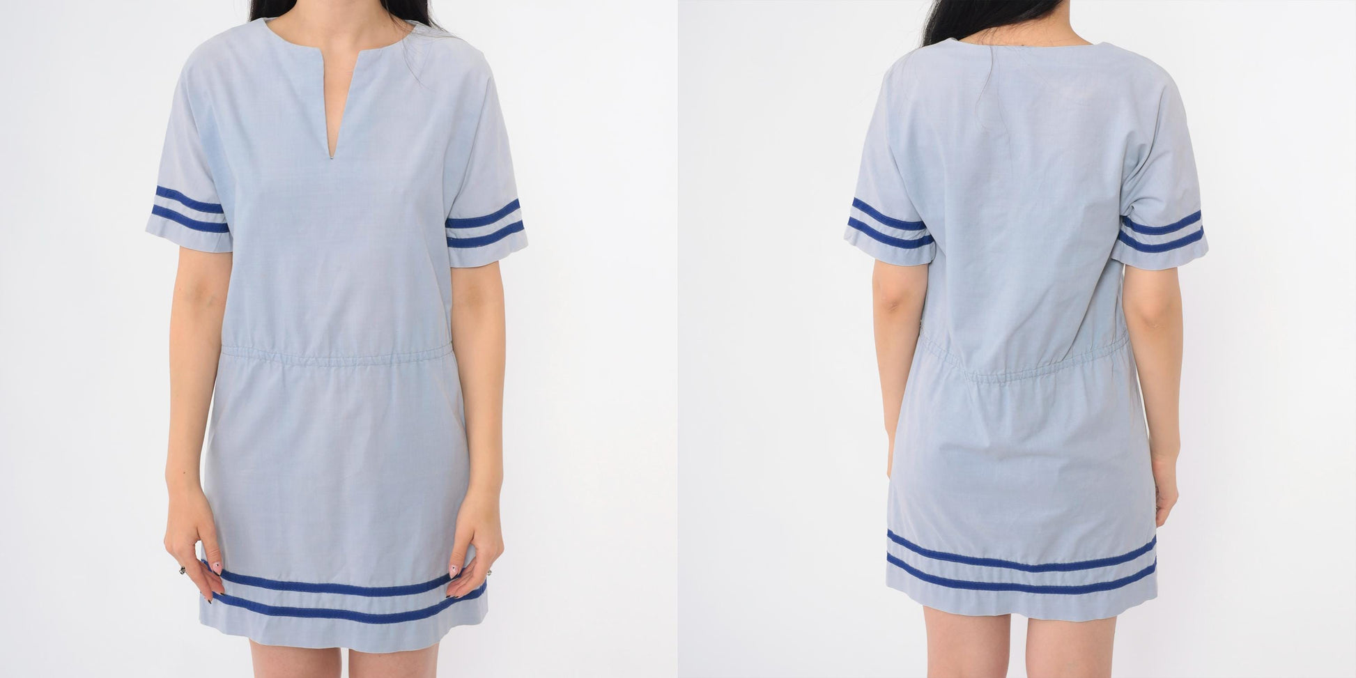 1970s Blue Striped V-Neck Mini Dress High Waist Short Sleeve Small