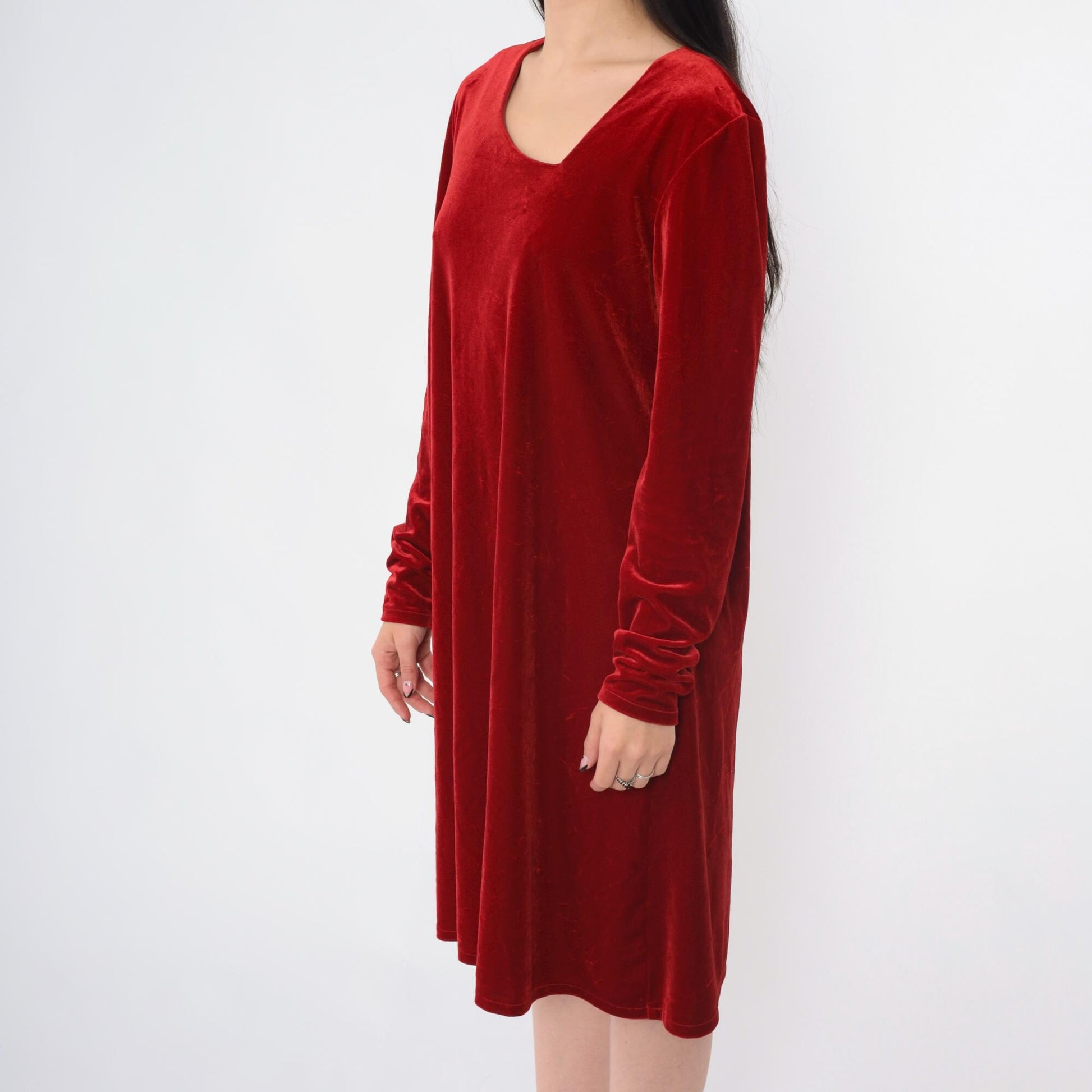 90s Red Velvet Shift Dress Asymmetrical Neckline Long Sleeve Knee Length Medium