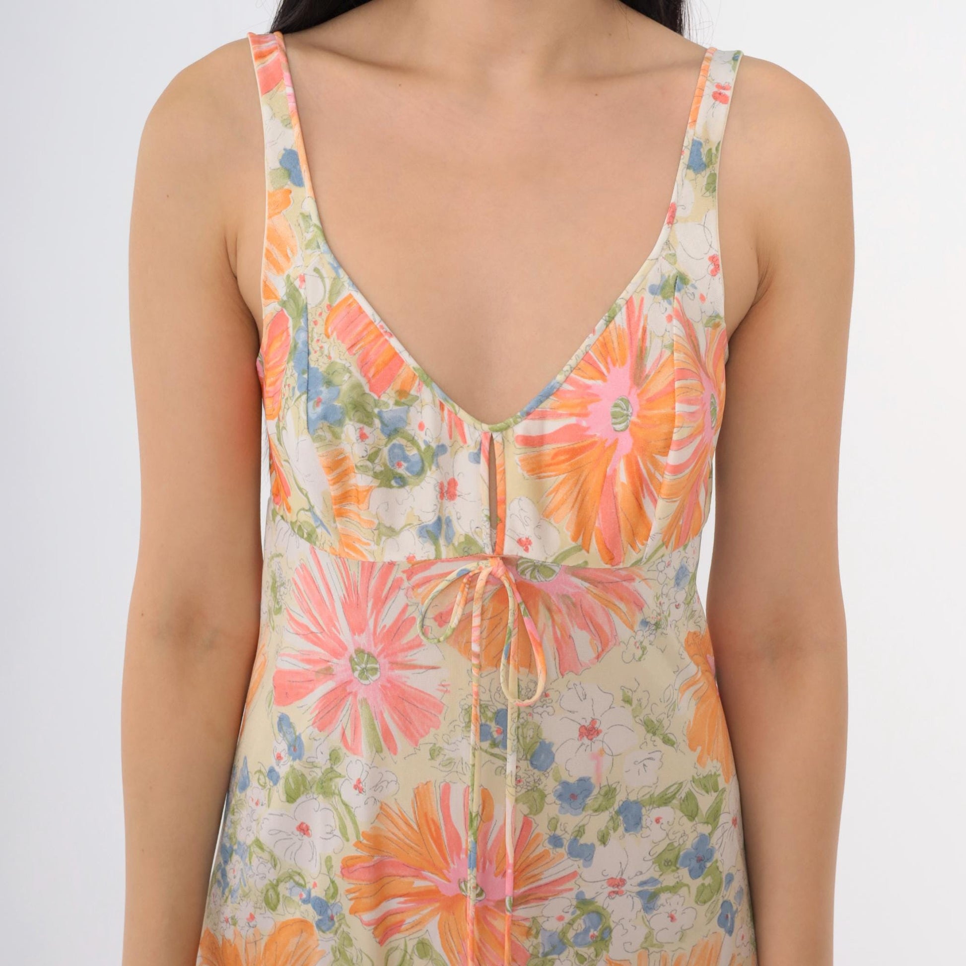 70s Floral Nightgown Maxi Slip Dress White Plunge Neckline Extra Small