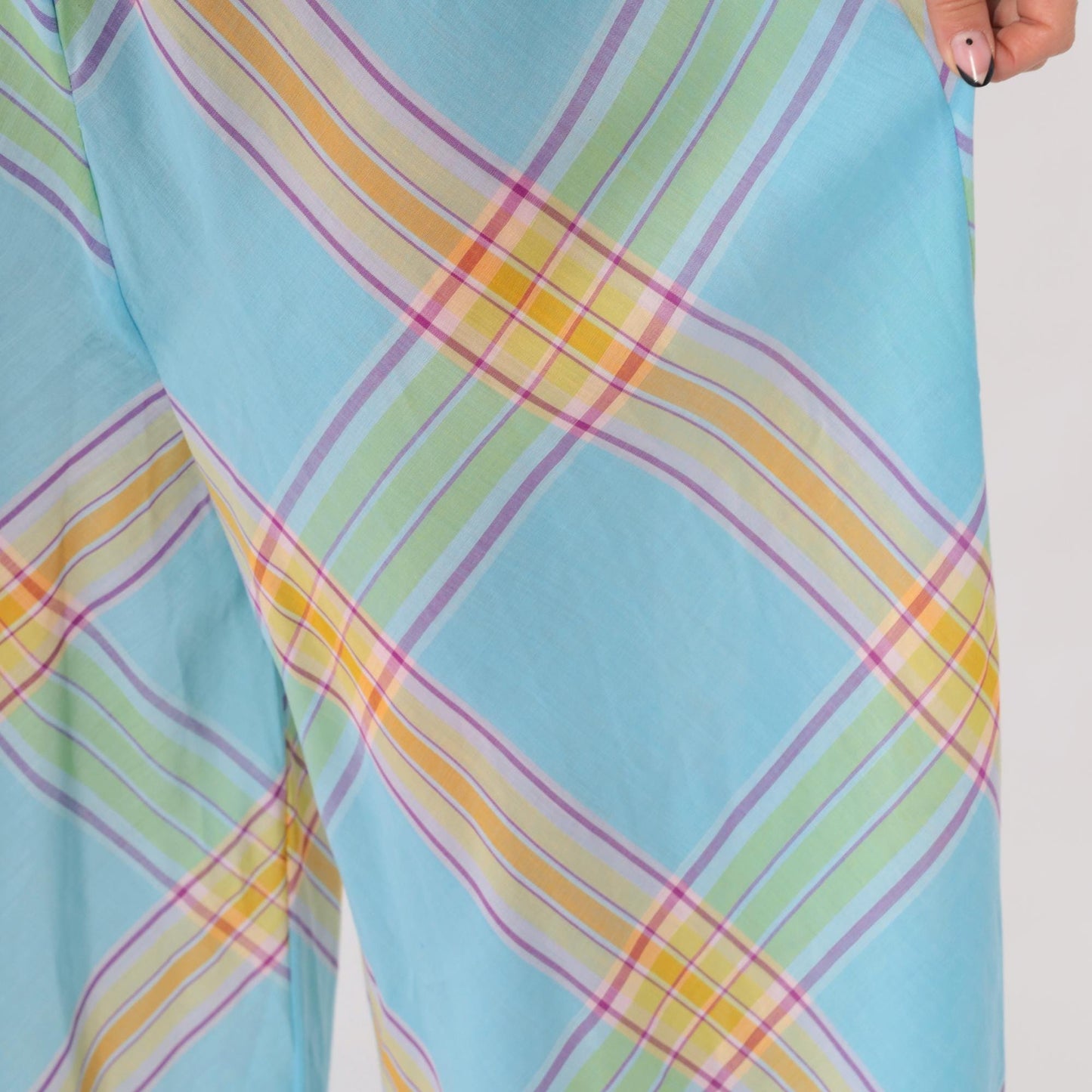 70s Light Blue Plaid Palazzo Jumpsuit Scoop Neck High Waist Medium M