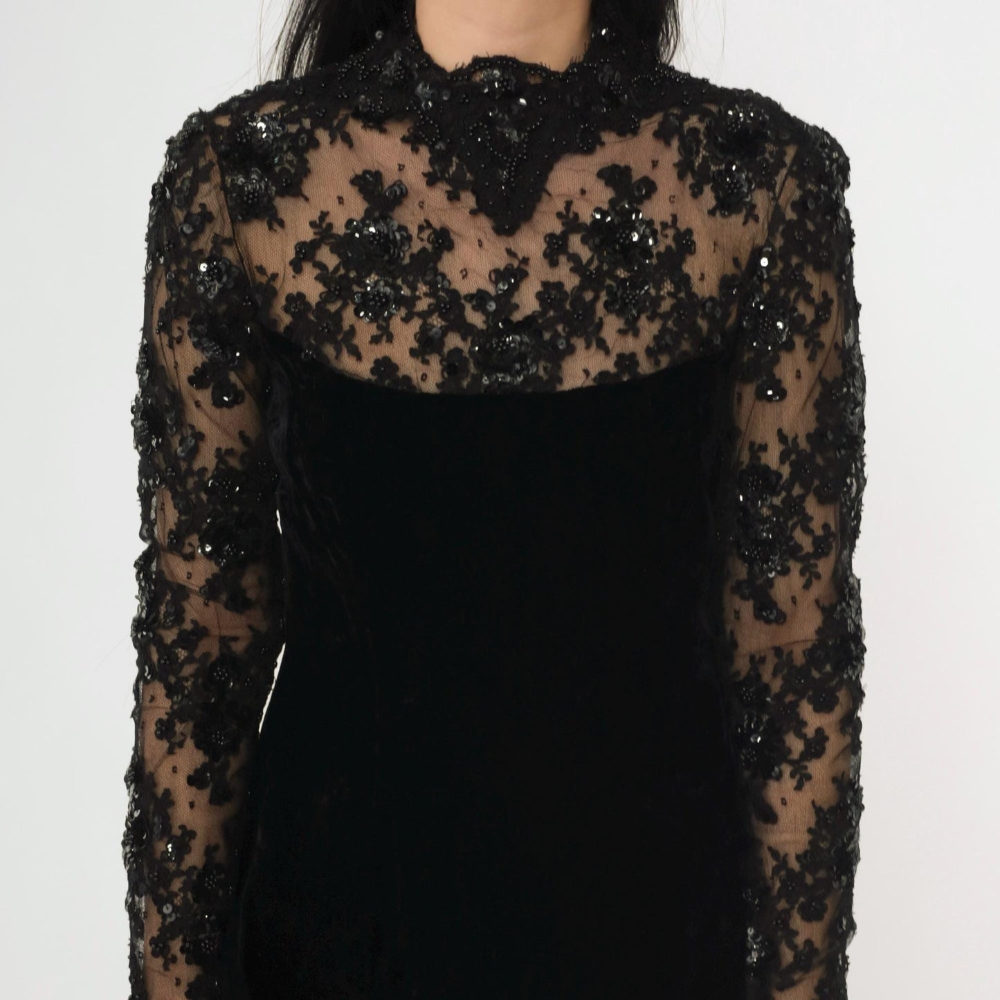 80s Oscar de la Renta Black Velvet Cocktail Dress Illusion Neckline Small