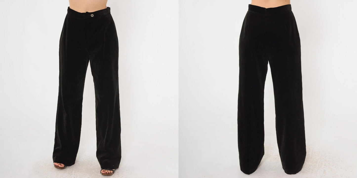 80s Evan Picone Black Velvet High-Waist Wide-Leg Trousers Small