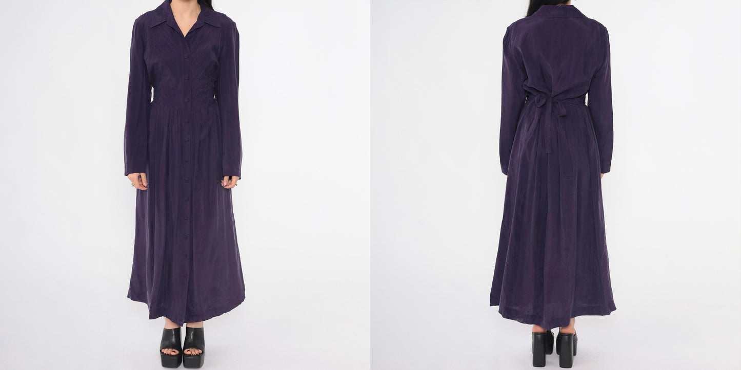 90s Coldwater Creek Purple Maxi Shirtdress Pintuck Collar Long Sleeve Medium M