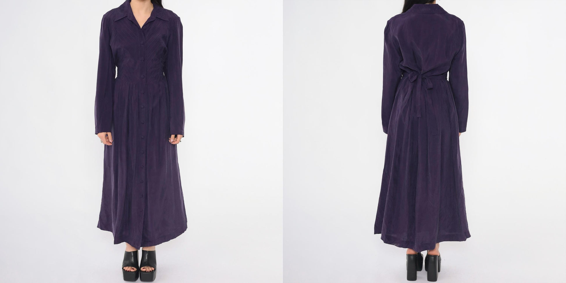 90s Coldwater Creek Purple Maxi Shirtdress Pintuck Collar Long Sleeve Medium M
