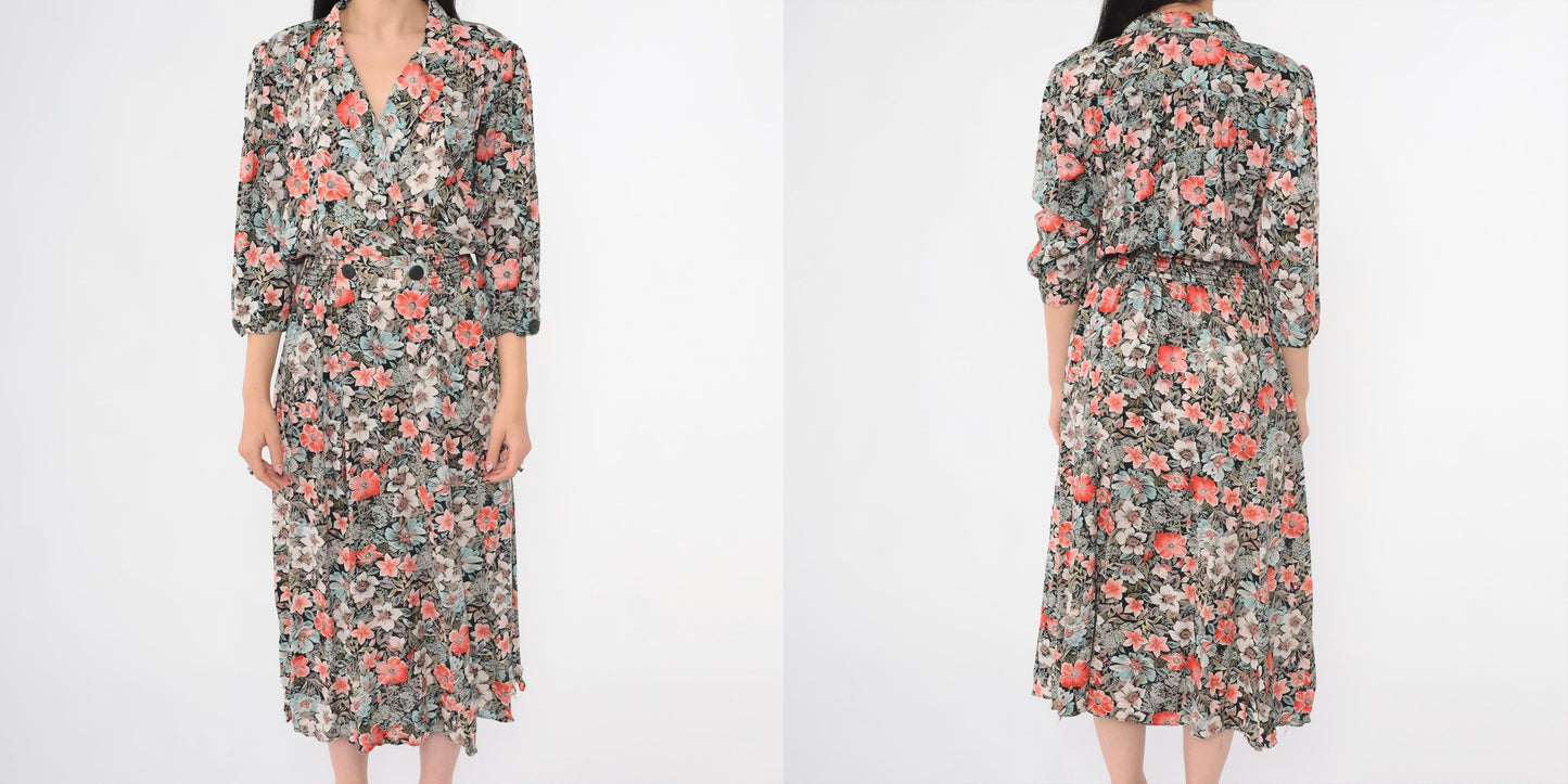 80s John Richard Floral Midi Dress Puff Sleeve V-Neck Elastic Waist Medium