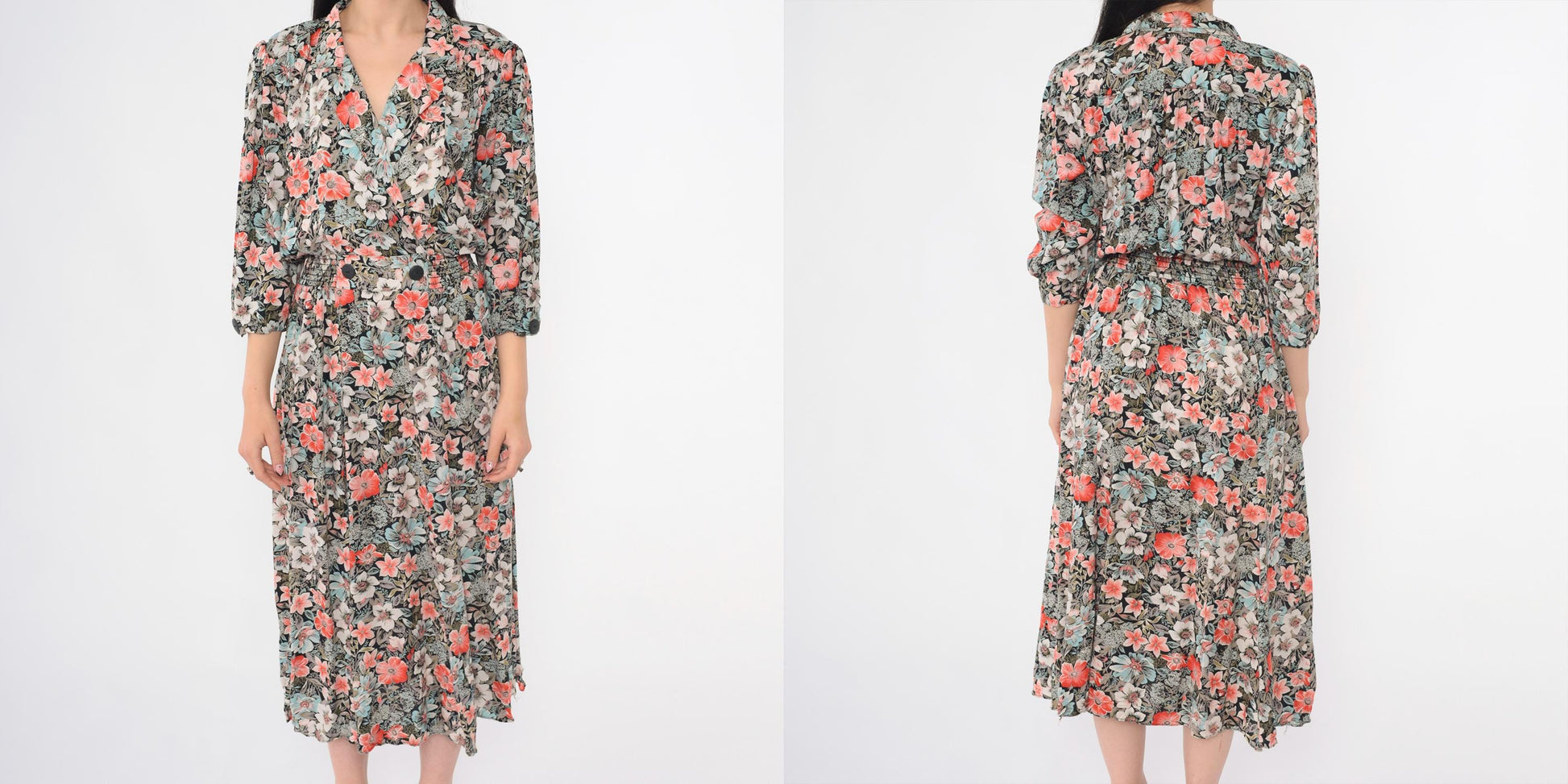 80s John Richard Floral Midi Dress Puff Sleeve V-Neck Elastic Waist Medium